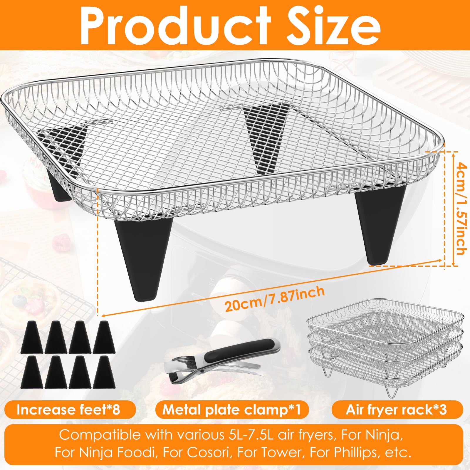 8 inch Square Air Fryer Rack 3 Layer Stackable Dehydrator Rack Stainless Steel Stackable Air Fryer Basket with 8 Silicone Feet 1 Anti-Scald Clip for Air Fryer Baking Cooking