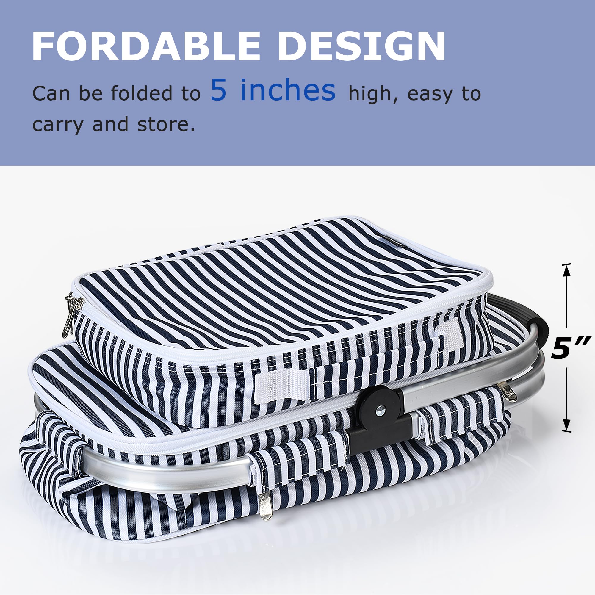 Kato Tirrinia 34 L Einkaufskorb faltbar kühltasche mit Deckel, picknickkorb 2 personen mit Bestecktasche, Aluminiumrahmen picnic basket, 42.67×24.6×25.4cm, für Einkäufe, Reisen und Picknick (Streifen)