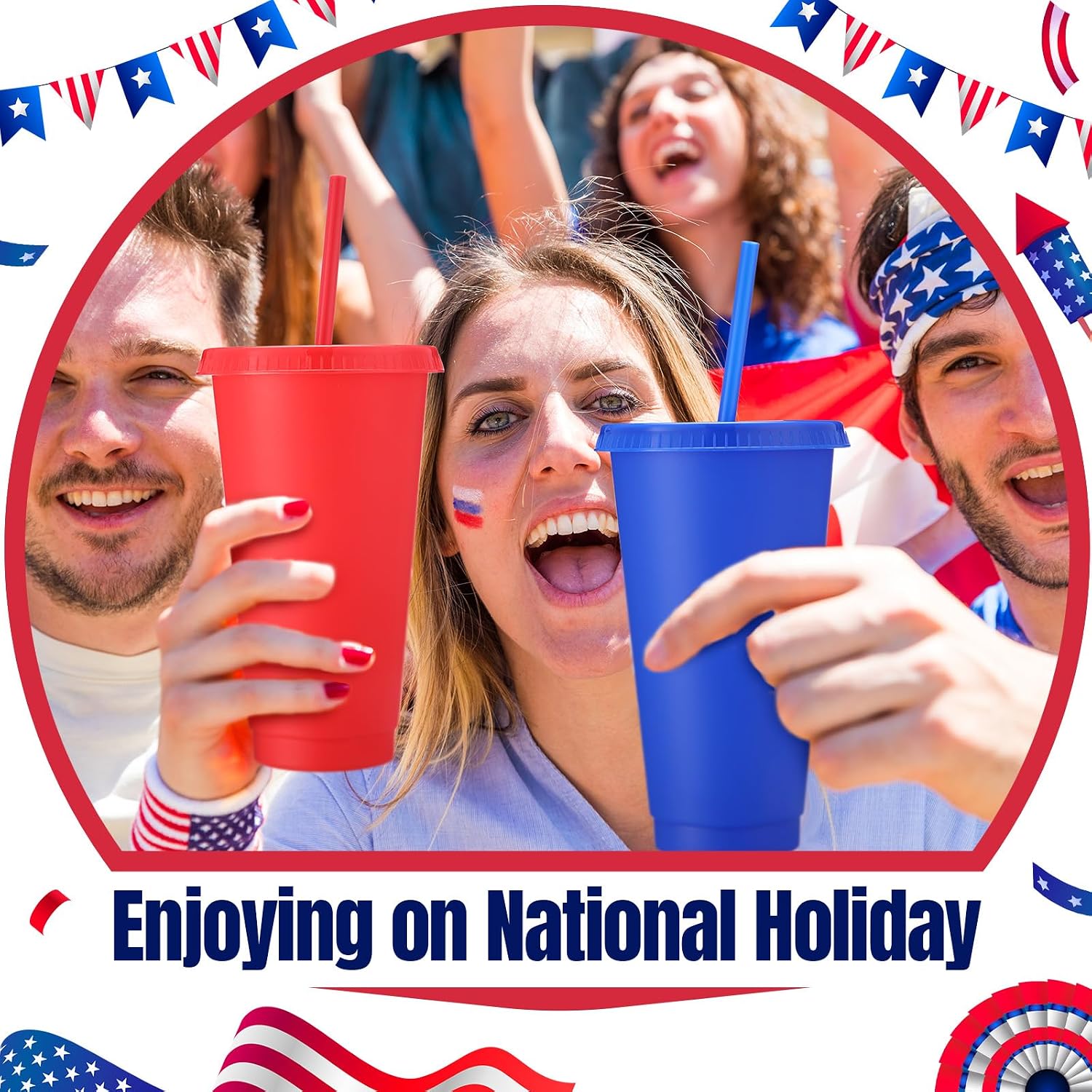 Honeydak 30 Pack Tumbler with Straw and Lid Bulk Cups for Gifts Water Bottle Iced Coffee Travel Mug Cup Reusable Plastic Tumblers for Party Birthdays 24-27 oz (National Flag Color)