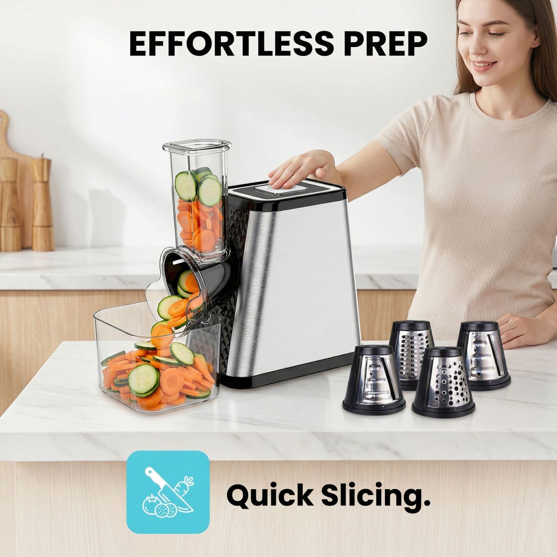 Procesador de Alimentos Eléctrico 5 en 1 - Multifuncional para Verduras, Frutas, Queso y Frutos Secos - Motor Potente de 800W, Cuchillas de Acero Inoxidable para Cortar, Rallar, Moler y Picar