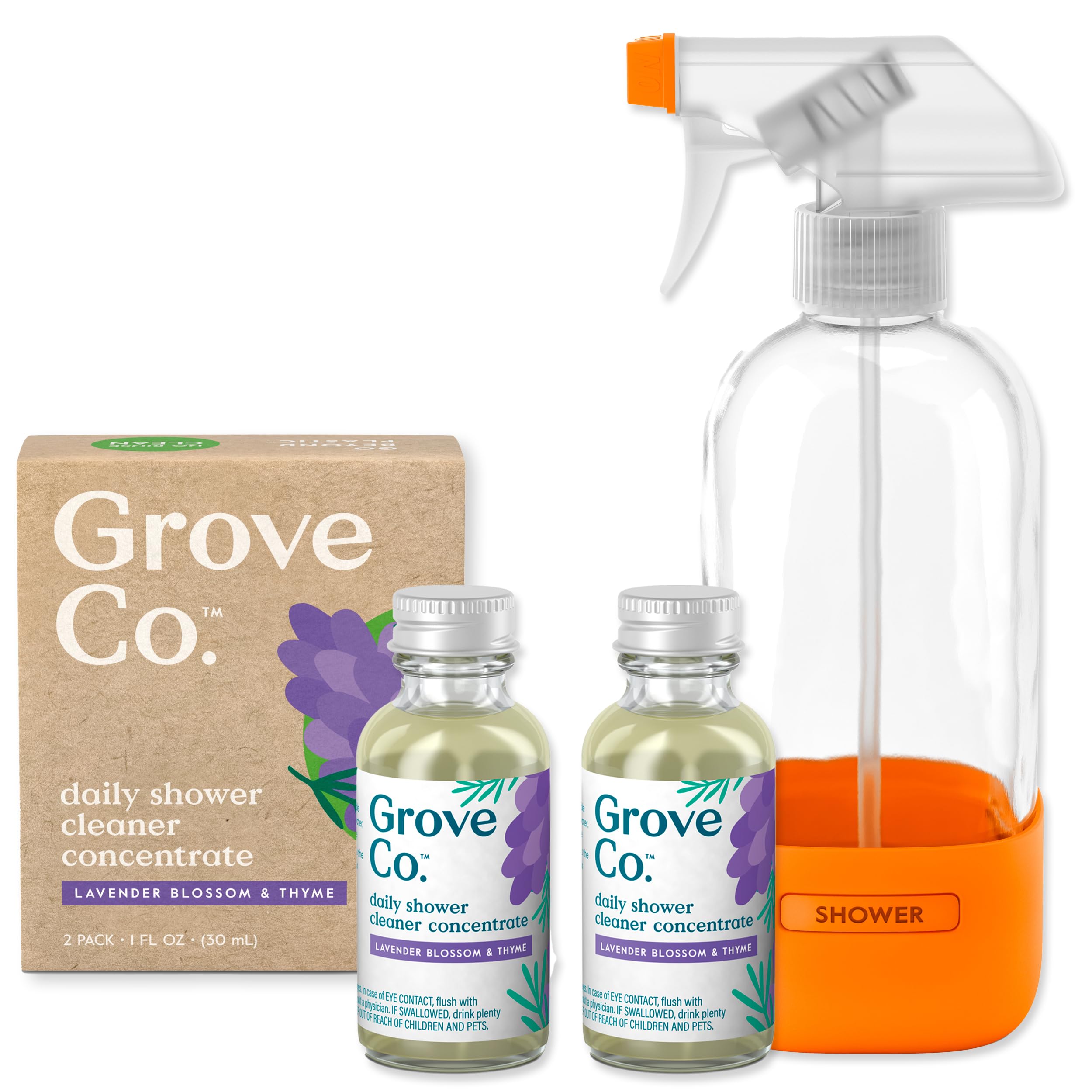 Grove Co Daily Shower Cleaner Refill Concentrate 2 x 1 Fl Oz 1 x Reusable Glass Spray Bottle