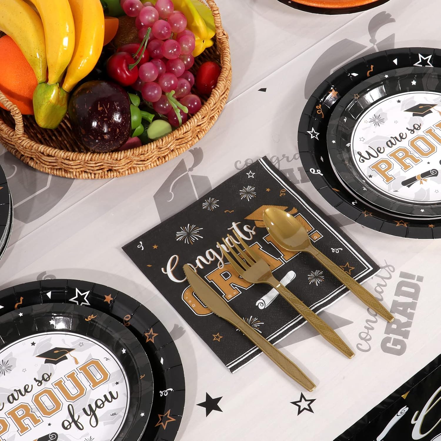 Graduation Party Supplies Decorations Serve 100, 2026 Graduation Party Plates and Napkins Set, Black Gold Disposable Paper Plates Napkin for College High School Graduation Congrats Grad Party Supplies