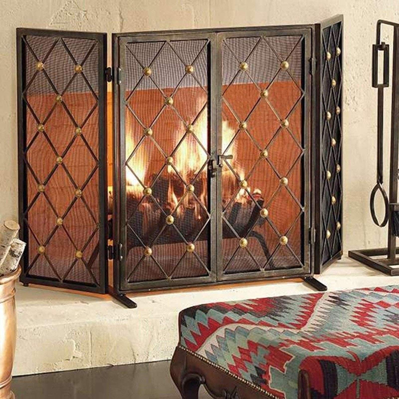 Black Ornate Scroll Three Fold Fireguard Fire Screen Spark Guard