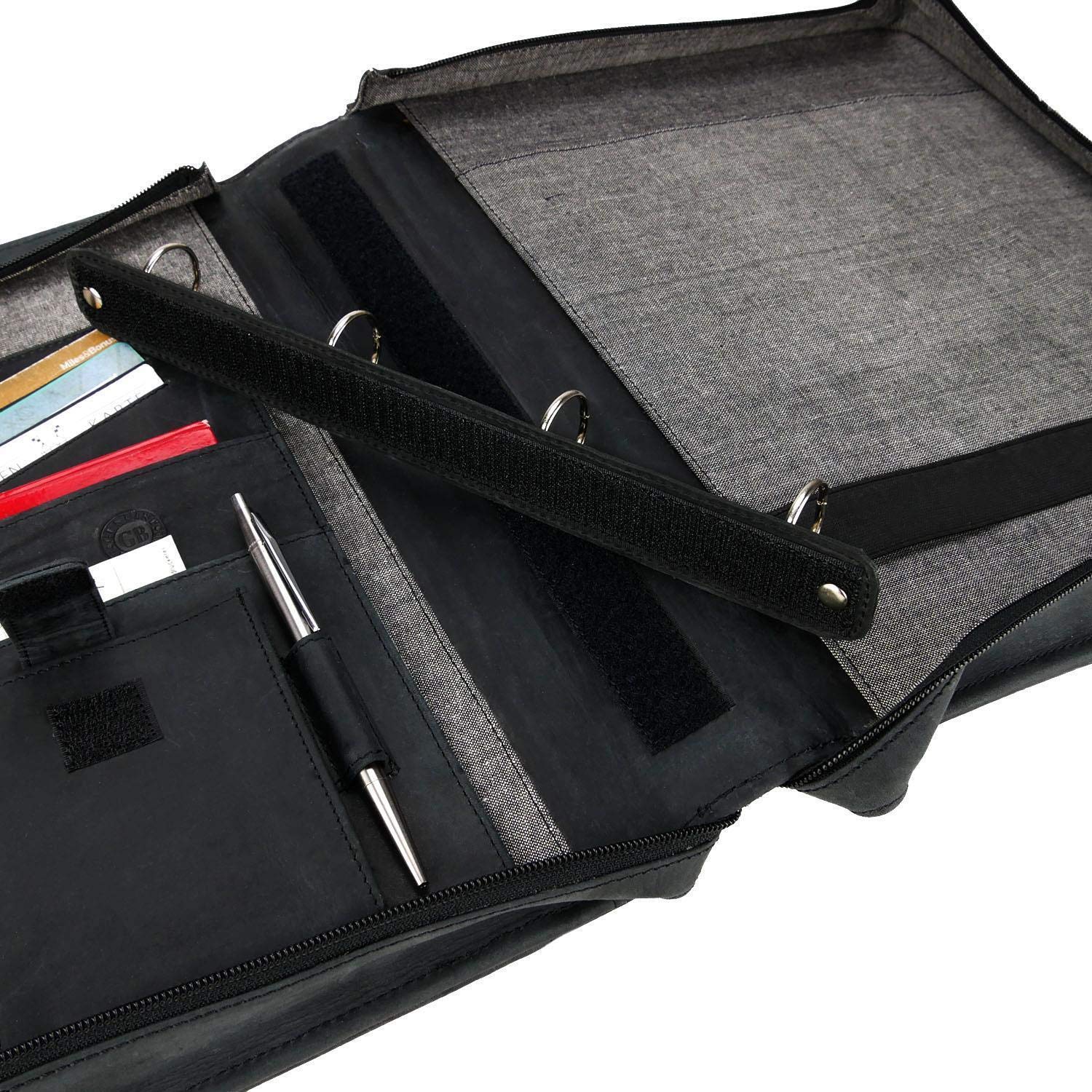 Greenburry Dokumentenmappe Leder - Schwarz Vintage Revival - Hochwertiges Rindsleder - Schreibmappe Leder - Konferenzmappe Leder - Ringbuch Leder