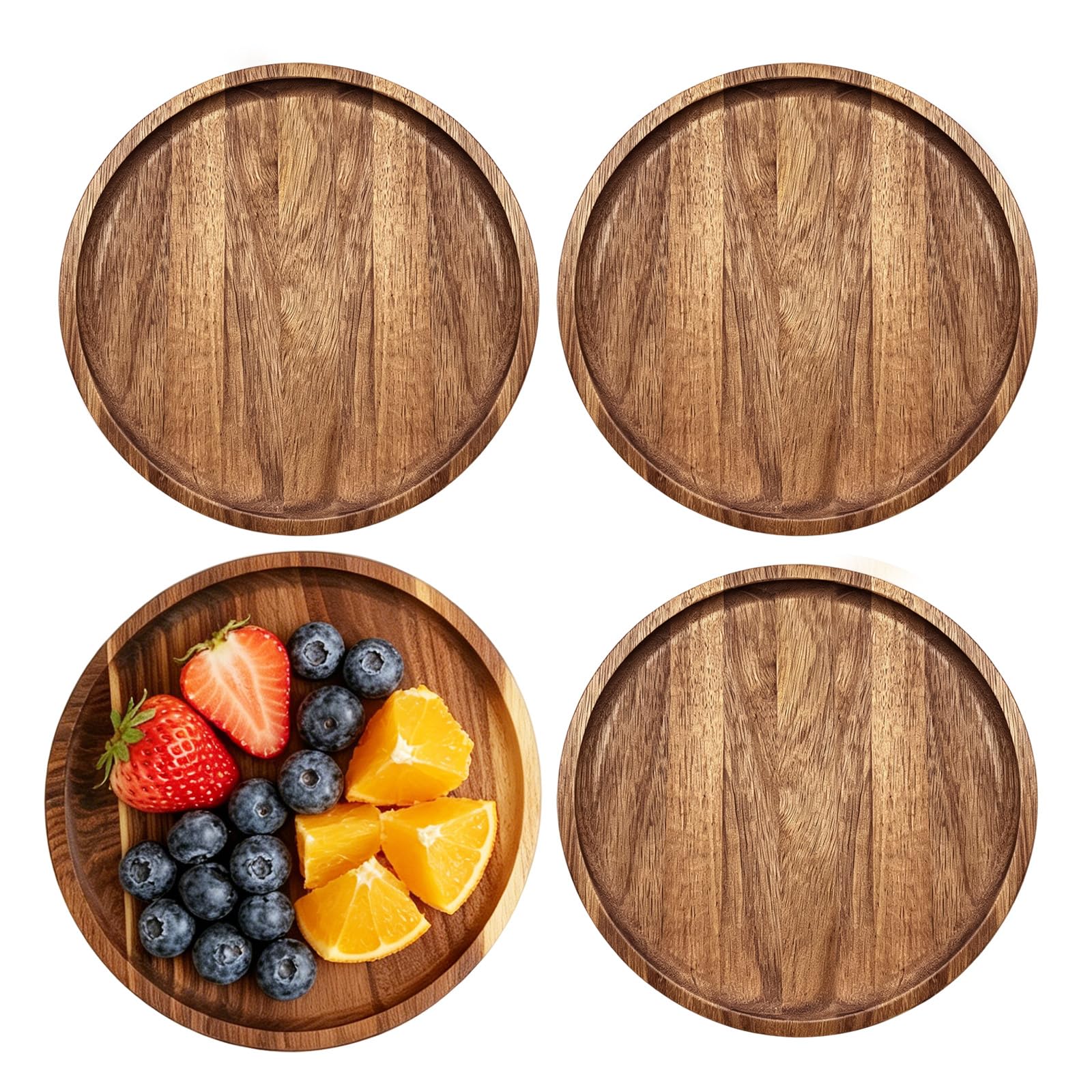 Aulivra Acacia Wood Plates Set of 4, 25 cm Round Wooden Dinner Plates with Raised Rim, Wooden Serving Plates for Salad, Fruit, Snacks and Everyday Meals