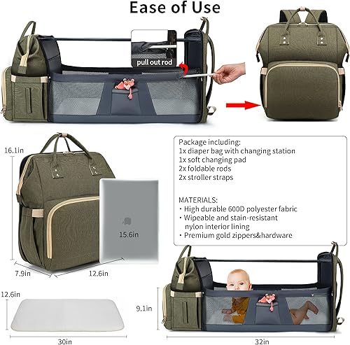 Miniatura 2 de VAOTVVO Mochila de pañales para bebé con cambiador para niño y niña, regalos de baby shower, Verde, Mochilas de viaje