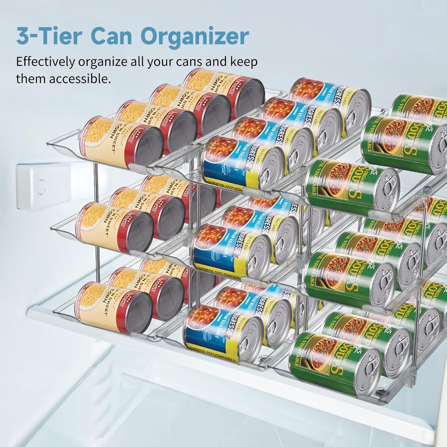 Stackable 3-Tier Can Organizer for Pantry, Clear Beverage Storage Rack, Flexible Modular Setup