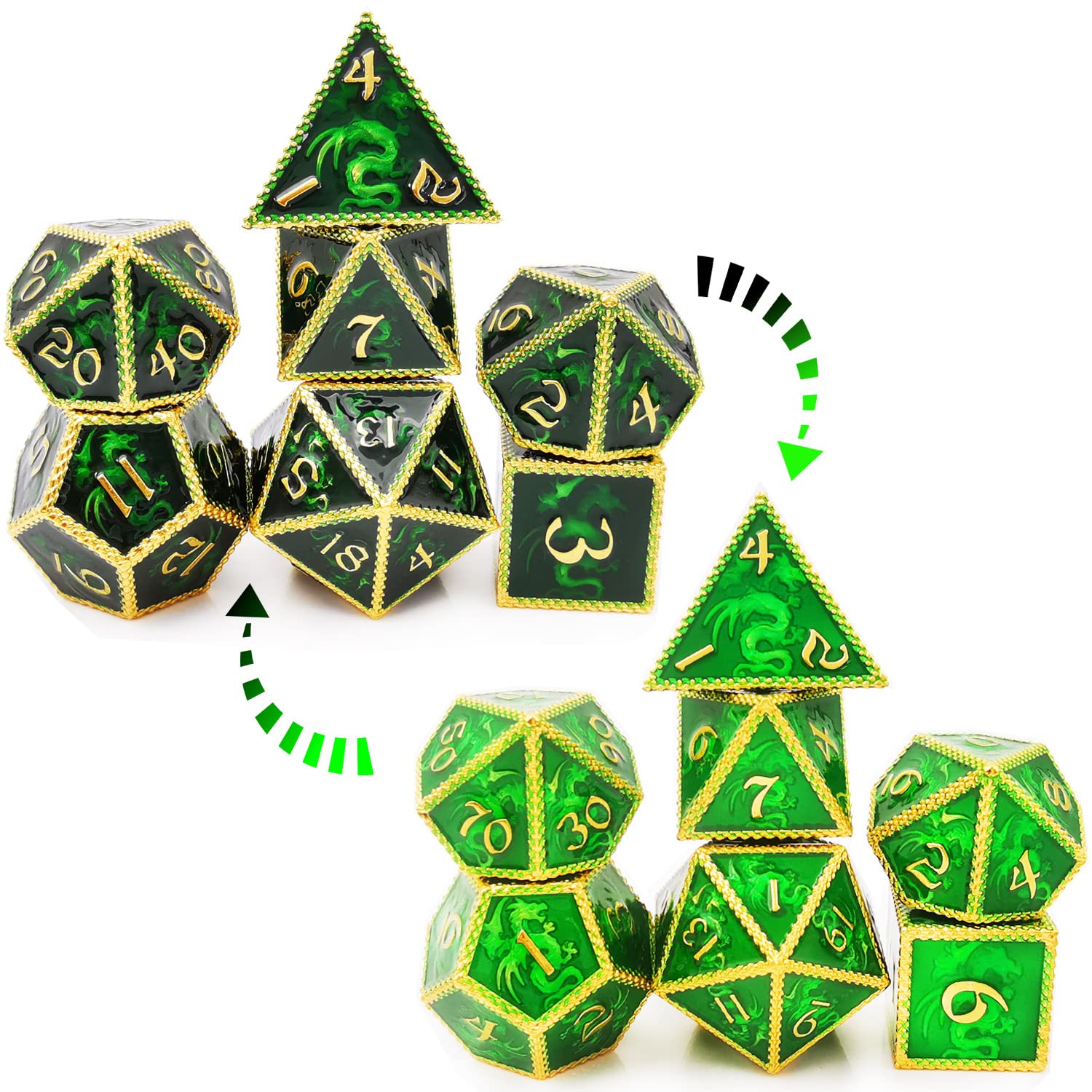 HAOMEJAColor Changing Temperature Metal Dragons DND dice Set D&D dice Set Role Playing Dice Apply to Dungeons and Dragons Black Transition Green