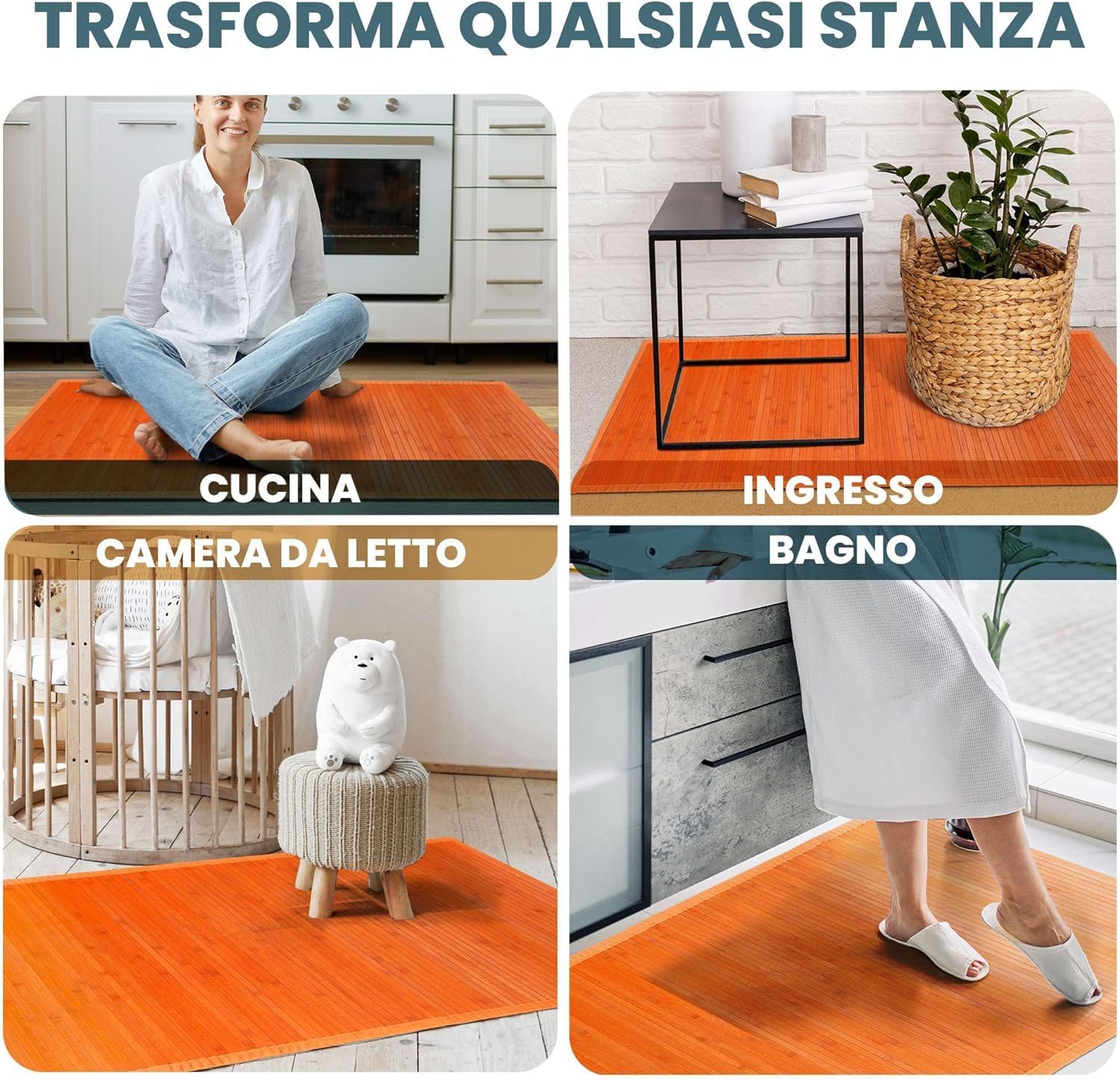 CosìCasa Rutschfester Bambus-Teppich für die Küche, wasserabweisend, leicht zu reinigen und aus nachhaltigen Materialien hergestellt, einfarbiger Bambusteppich (Orange, 50 x 230 cm)
