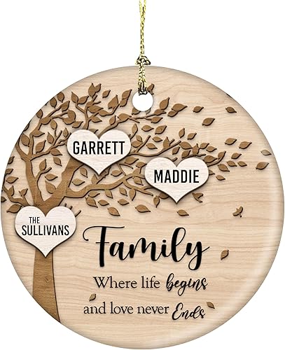 Miniatura 6 de Family Where Life Begins and Never Ends Personalized 3 Inch Ceramic Christmas Ornament With Gift Box (3 Names)