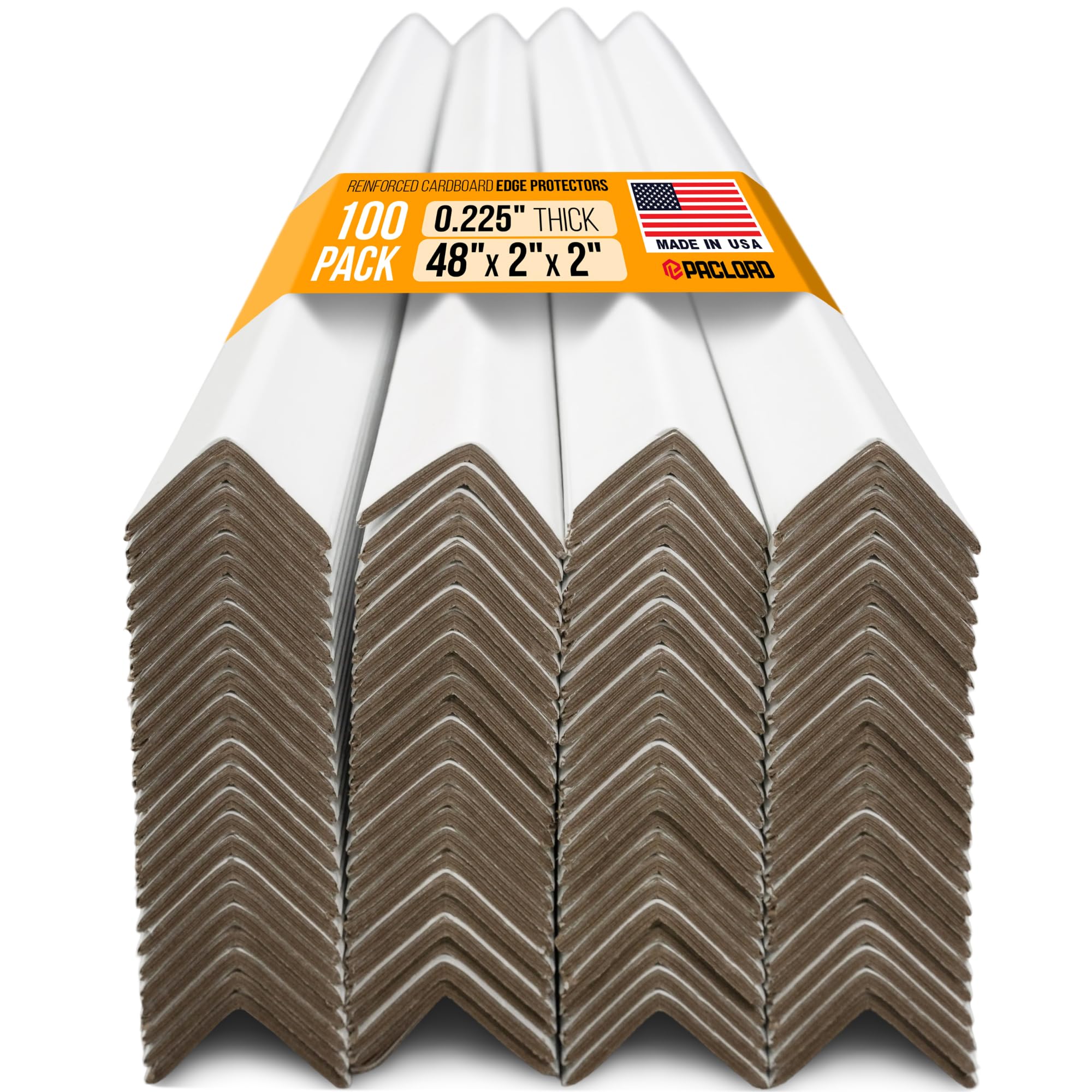 48" x 2" x 2" reinforced cardboard edge protectors, white (pack of 100) – 0.225" thick extra heavy-duty cardboard corner protectors – american quality v-board pallet edge guard