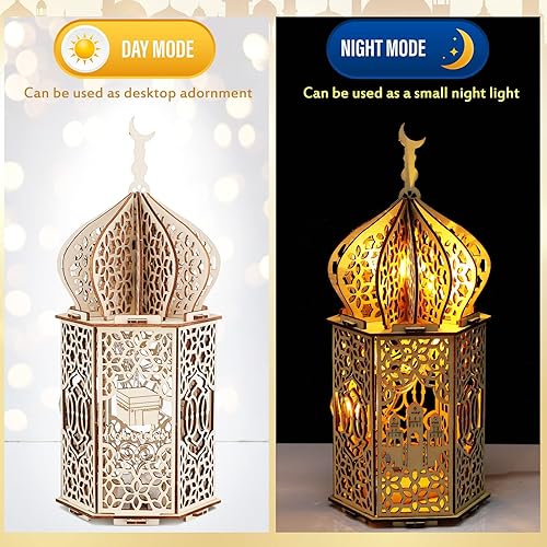 Miniatura 2 de 5 piezas de decoraciones EID Ramadán Kareem adornos de mesa LED Ramadán Faroles de Ramadán 3D hechos a mano de madera Luna Estrella Eid Mubarak