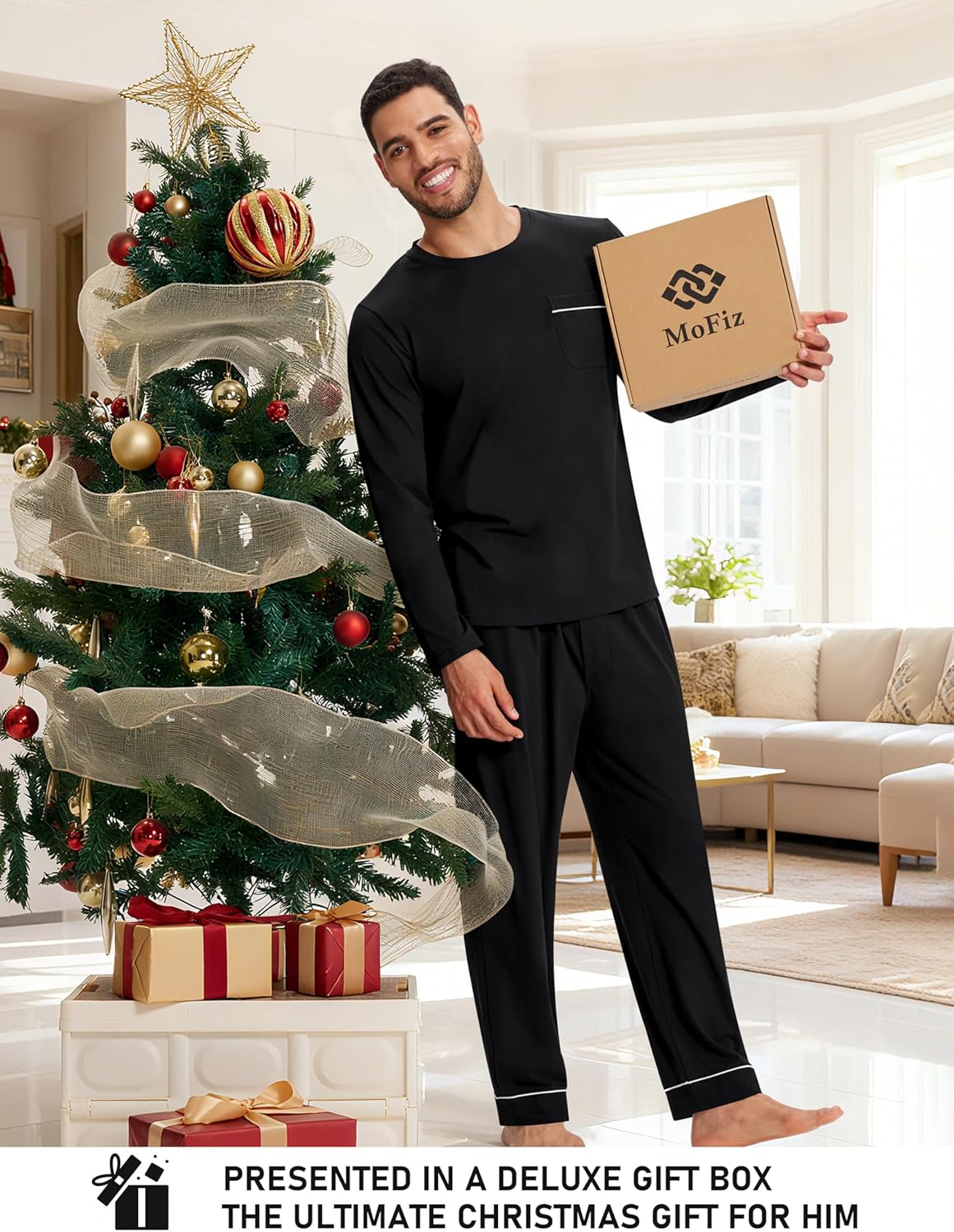 Men's Pajamas Set Soft Cotton Pjs Sets Long Sleeve Pullover Sleepwear Loungewear Set with Elastic Waist & Pockets - Image 8