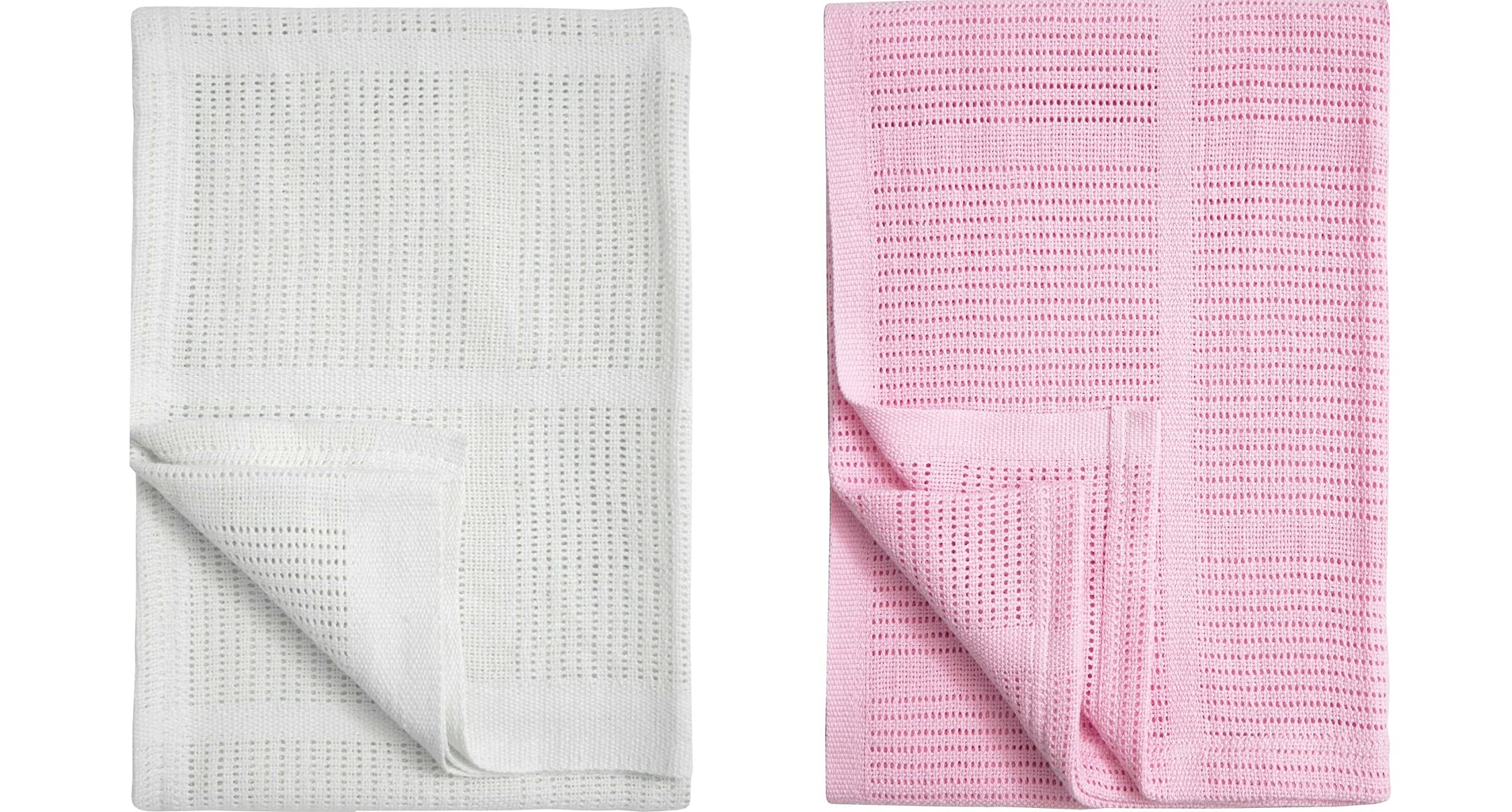 Pack of 2 Newborn Baby Girl Boy Unisex Extra Soft Light Weight Cellular Blankets| 100% Cotton Machine Washable| Fits for Moses Basket Pram Crib Travel Car Home| 70 X90 CM Value Pack (White & Pink)