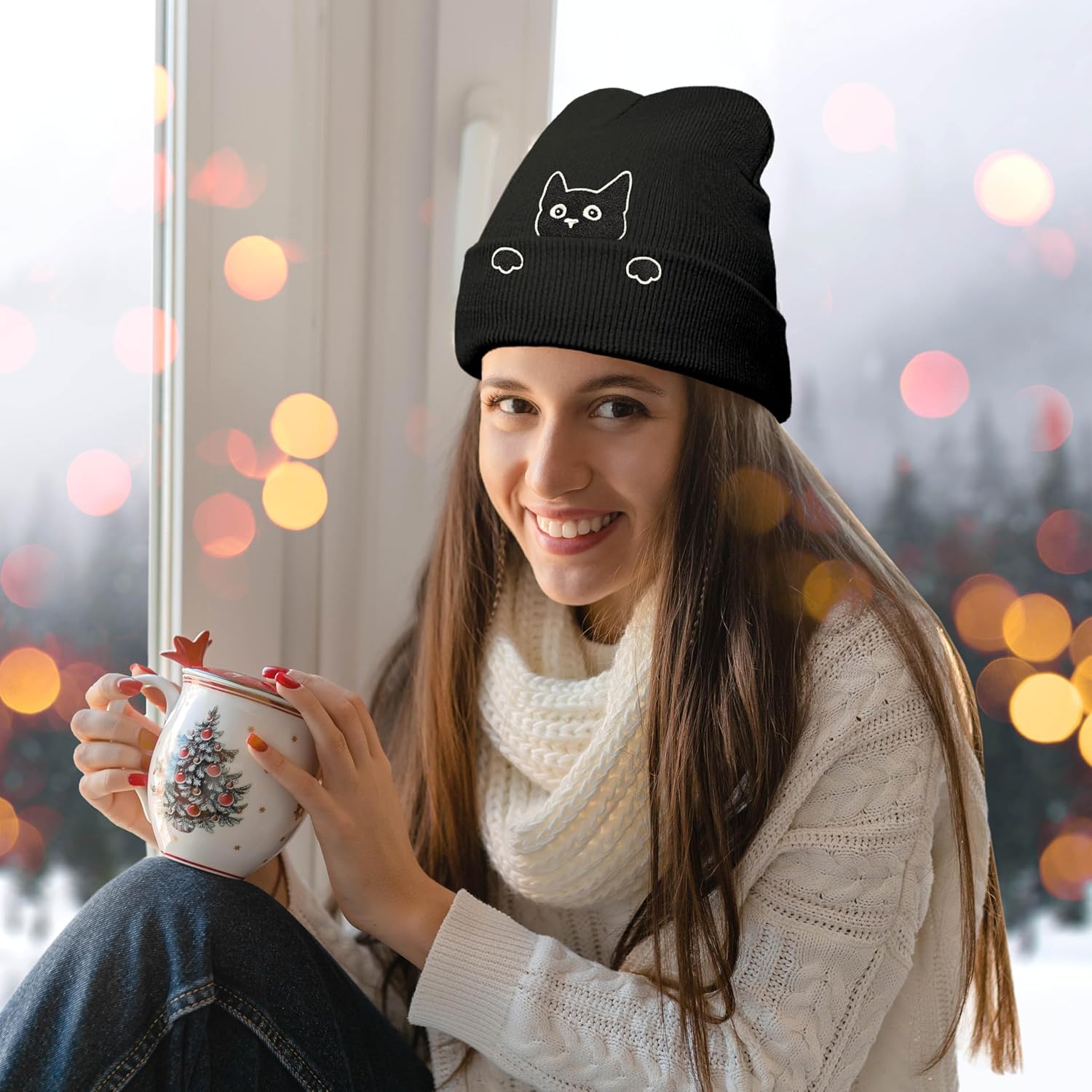 Embroidery Cat Beanie Hat,Cute Cat Animal Lovers Gifts,Winter Warm Knit Cuffed Cap for Women Girls - Image 7