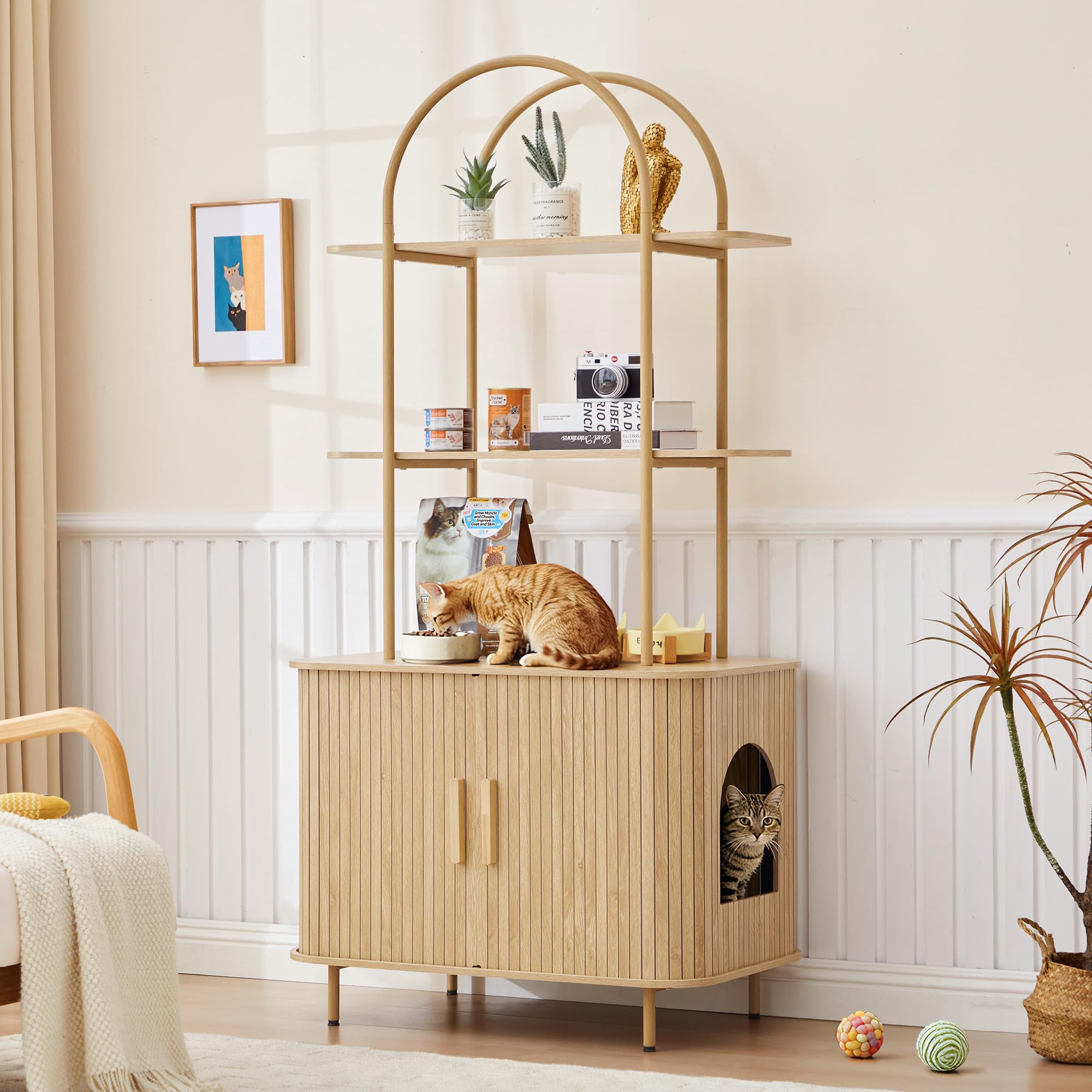 62" Sliding Door Hidden Cat Litter Box Enclosure with Shelves
