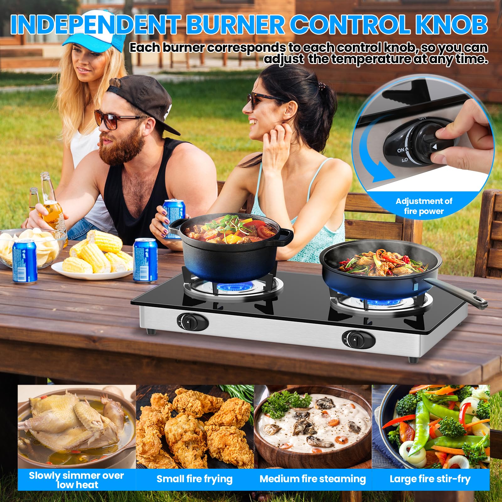 Plaque de Cuisson Gaz 2 Feux, Plaque Gaz 2 Feux Verre Noir, 8.2KW, Portable Feux Gaz, Facile à Utiliser, Nettoyage Rapide Convient au propane