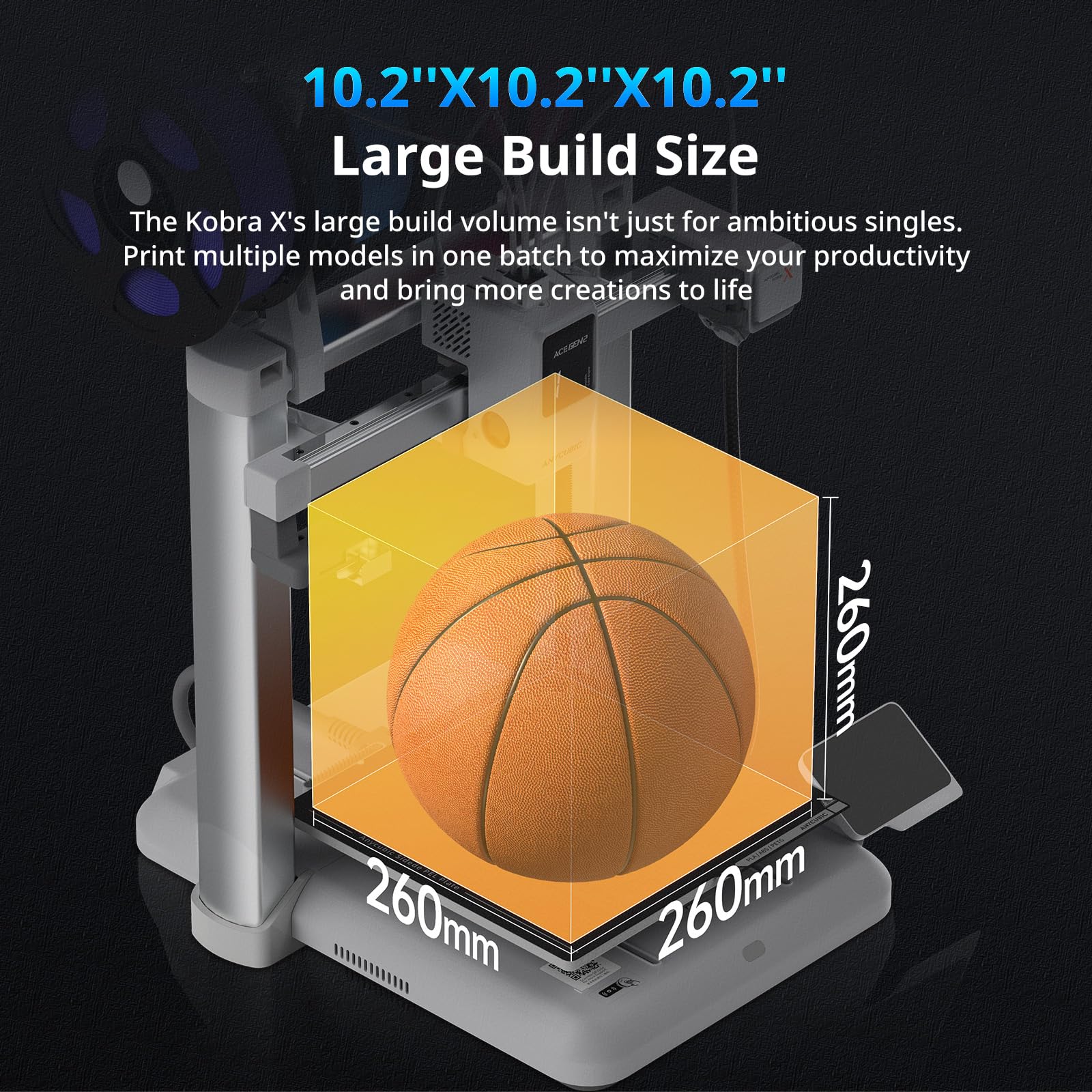 Drukarka 3D Anycubic Kobra X, wysoce zintegrowana wielokolorowa ekstruder skraca czas drukowania, drukowanie z użyciem miękkiego i twardego filamentu, prędkość do 600 mm/s, 260 x 260 x 260 mm
