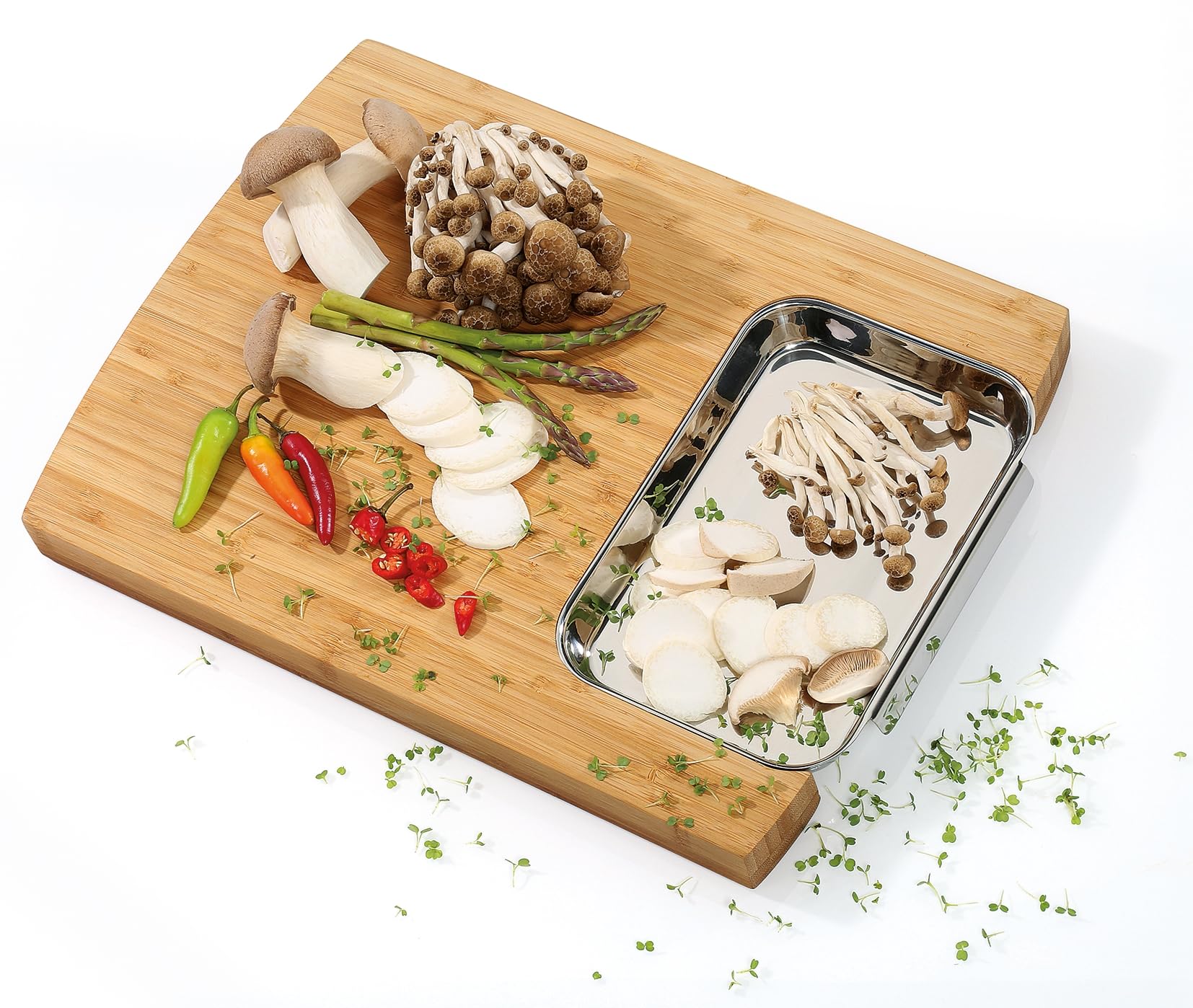 Zassenhaus Schneidbrett mit Auffangschale, 40x30 cm, Bambus und Edelstahl | Küchenbrett aus Bambus, Meal-Prep-Zubereitung, trennbare Edelstahlschale, für Gemüse und Obst, nachhaltig