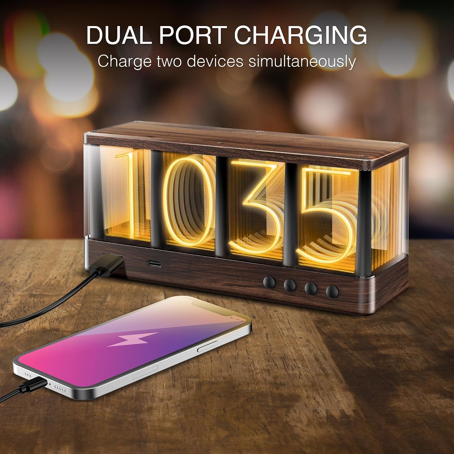 Swissbrand Vintage Ambient LED Clock with a smartphone charging via its USB port