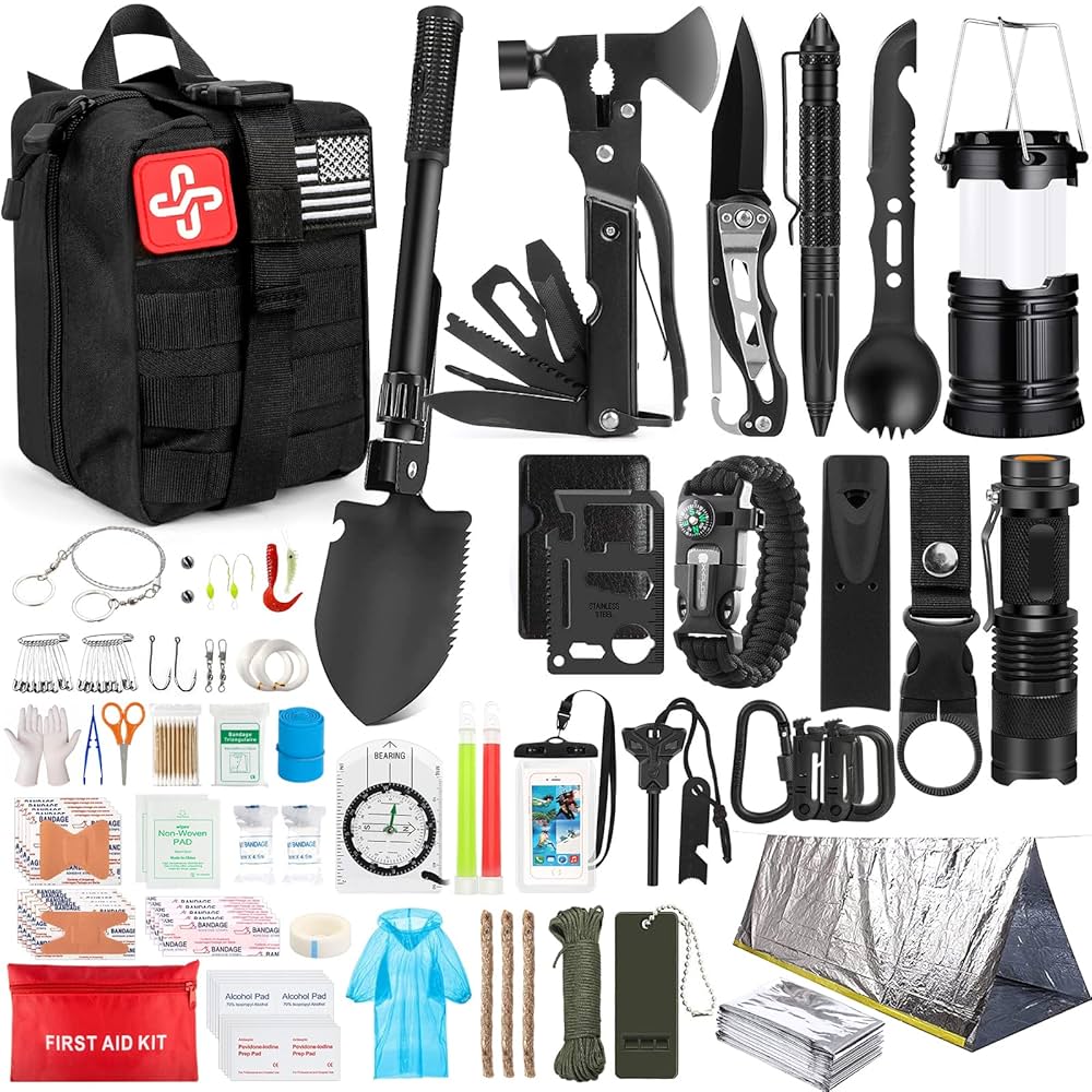 Comprehensive survival gear kit featuring water purification tablets, portable filter, and emergency water storage containers
