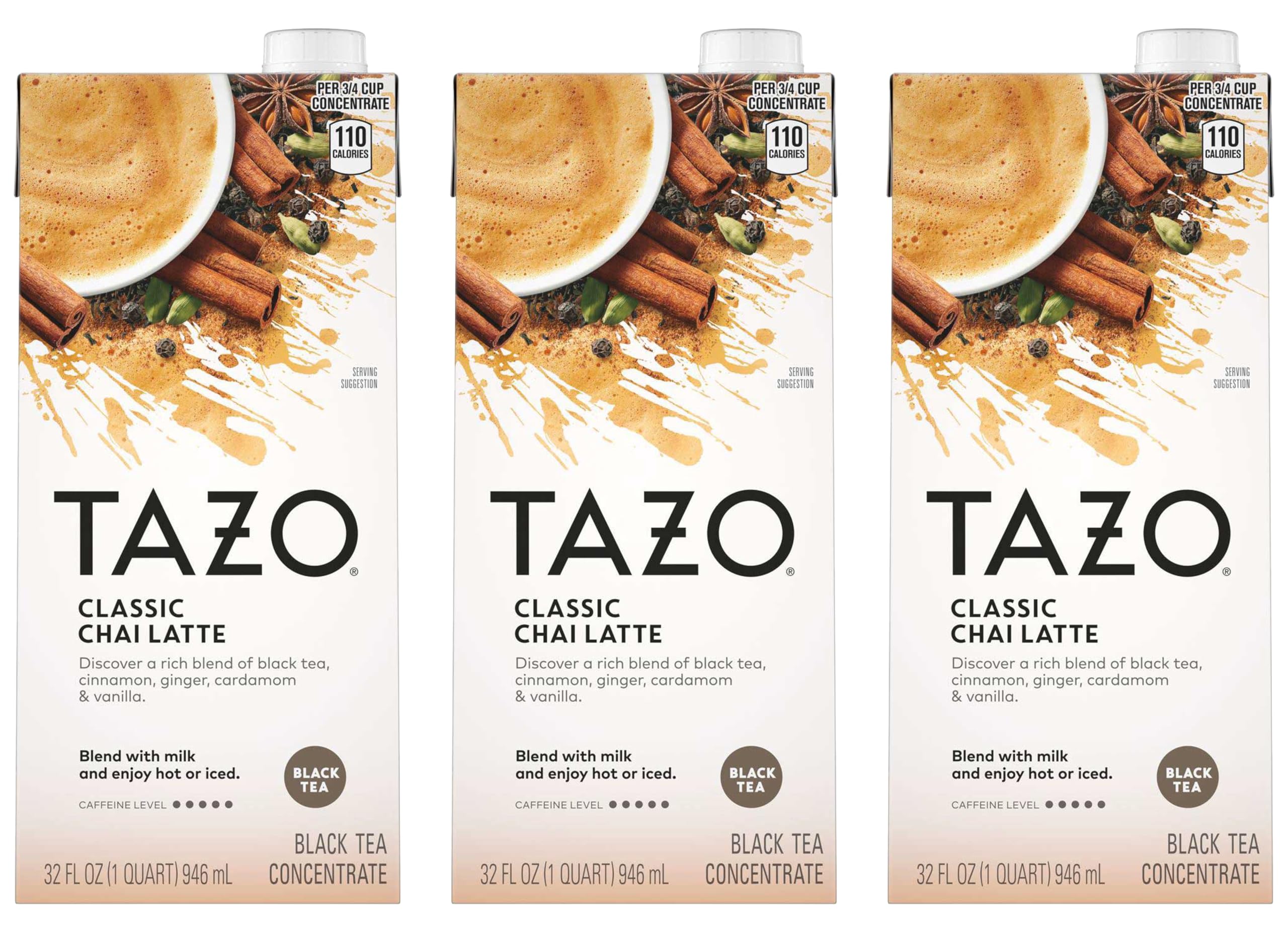 Tazo Classic Chai Latte Concentrate, Spiced Black Tea Blend, 32 oz (Pack of 3) - Packaged by Peaceful Squirrel