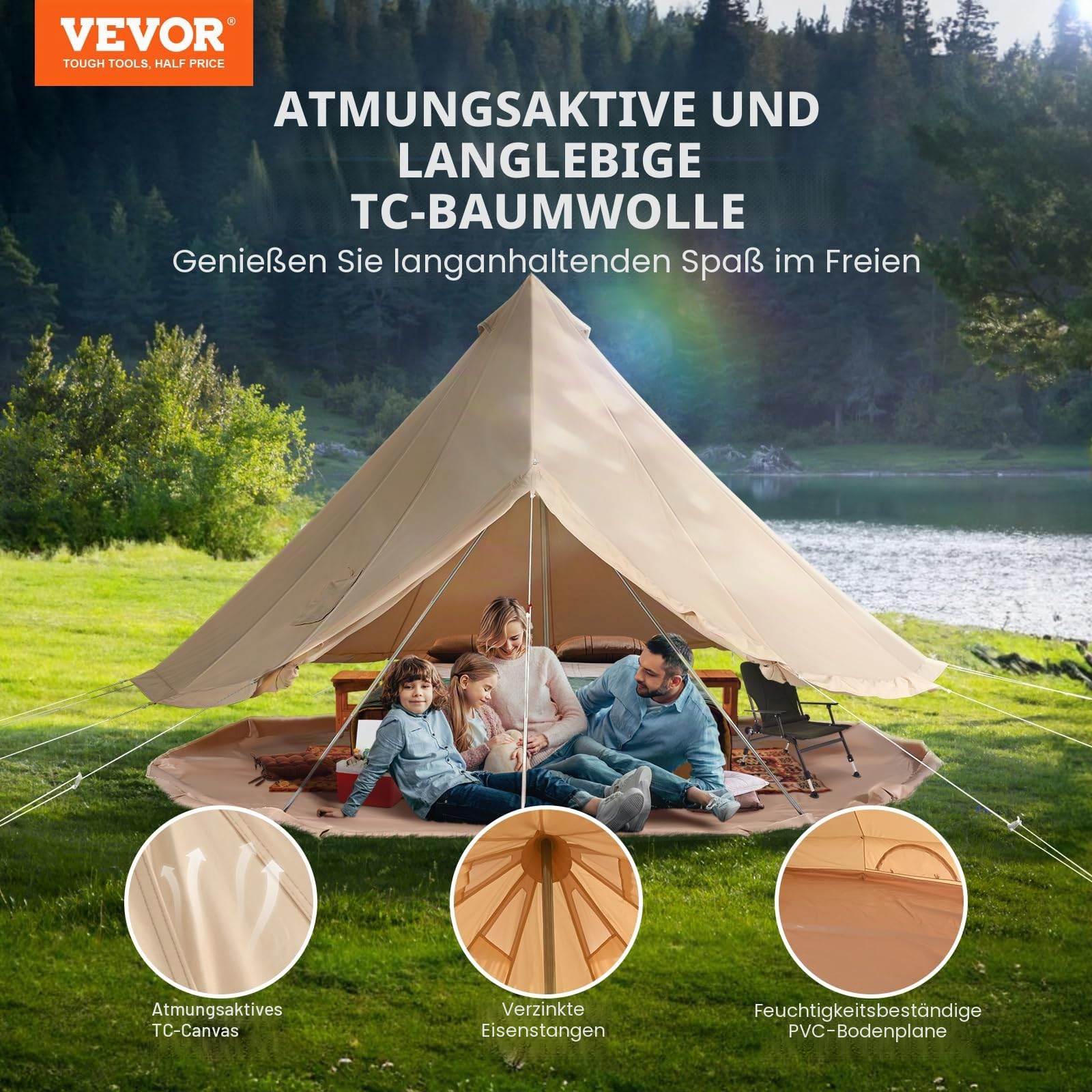 VEVOR Zeltglocke aus Segeltuch, Jurte 4 Jahreszeiten für Camping mit Herdwagenheber, atmungsaktiv hält bis zu 4 Personen, Familiencamping Outdoor Jagd Party