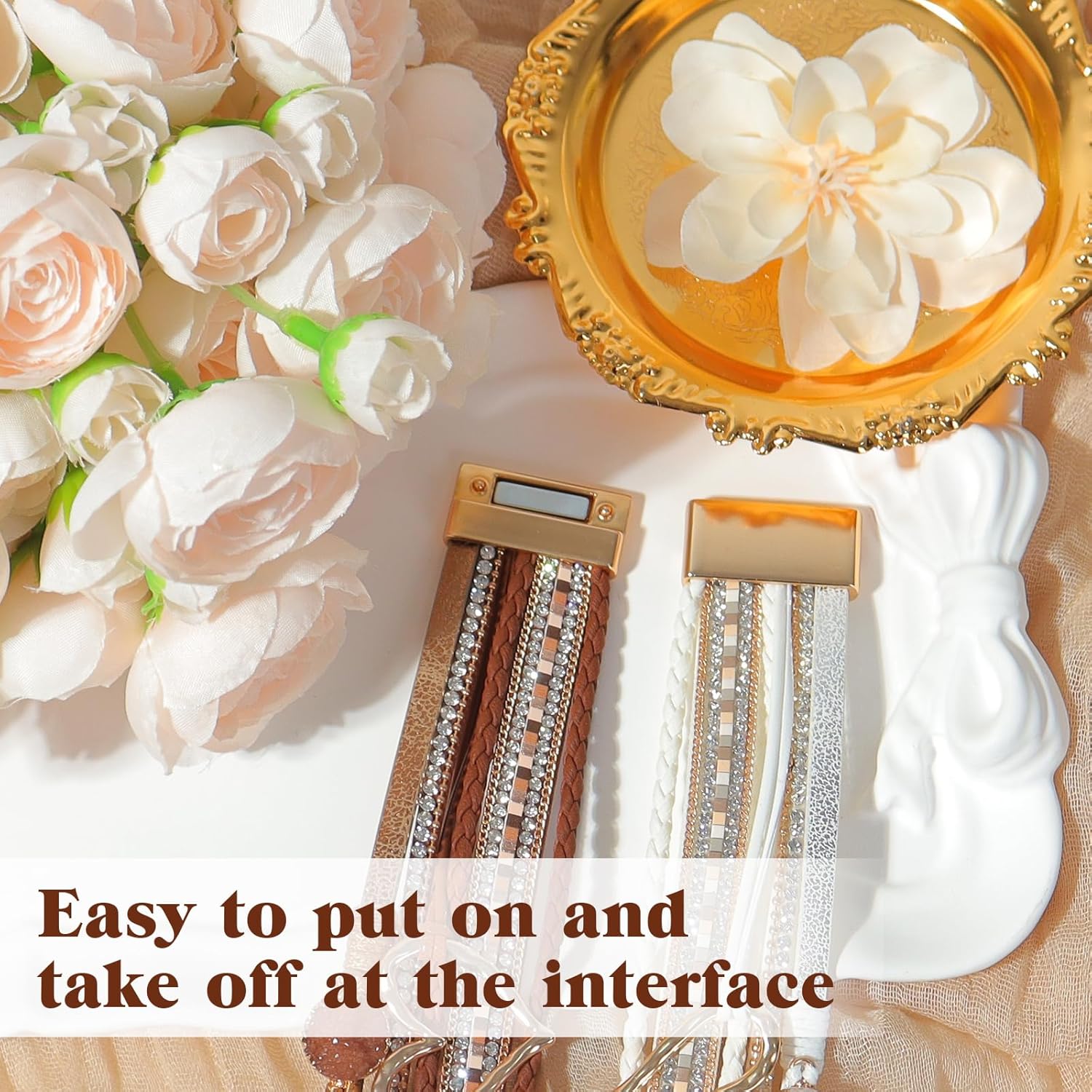 2Pcs Boho Bracelets Woven Leather Multi-Layer Wrap Bracelet Heart Shape Inlaid Rhinestone Stackable Fashion Women Bracelet Jewelry - Image 4