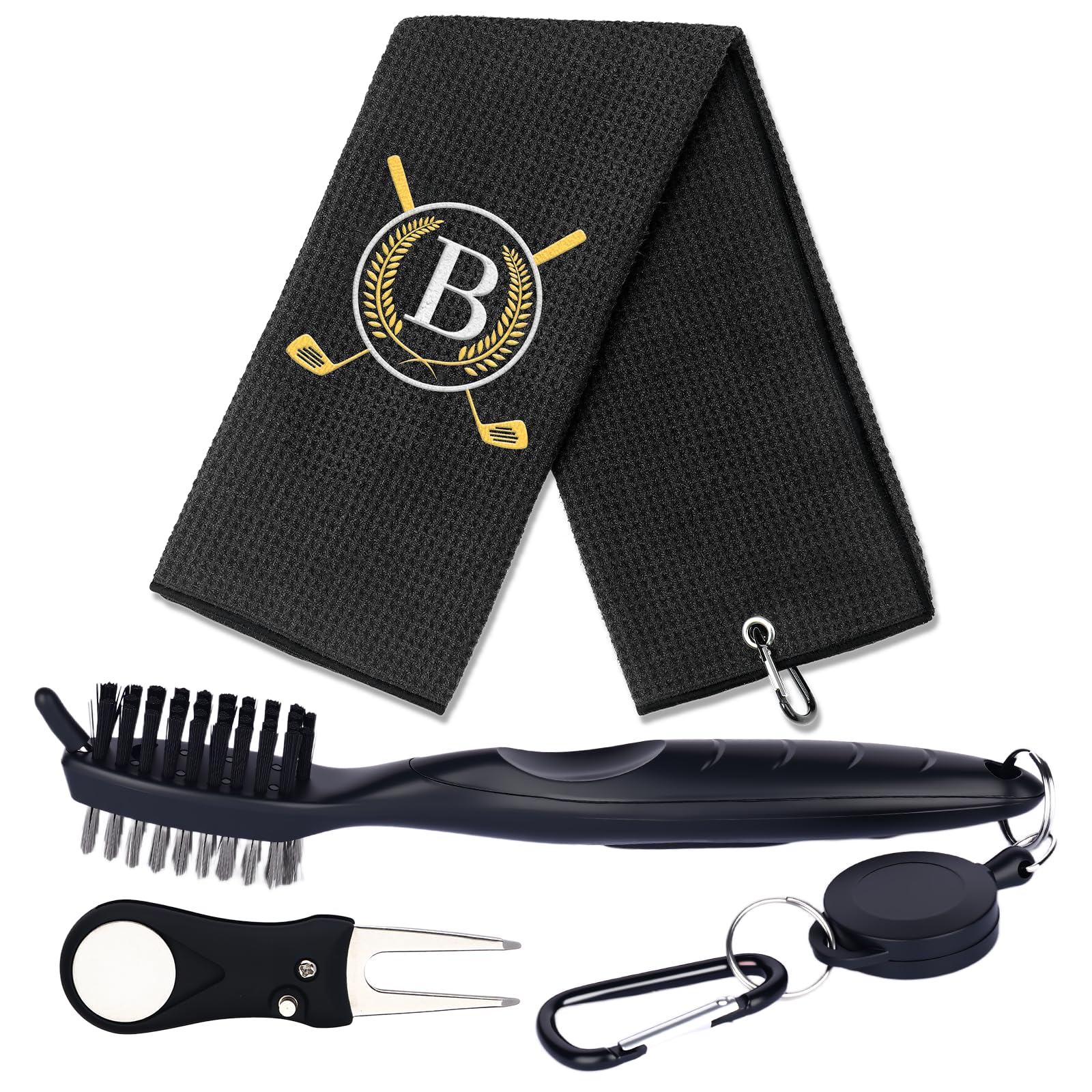 CGFN Golf Towel Gift Set,Golf Gifts for Men Women,Golf Club Cleaner Brush Divot Repair Tool Microfiber Golf Towels with Embroidered Monogrammed,Golf Accessories for Men Women (Black, B) โ image 1