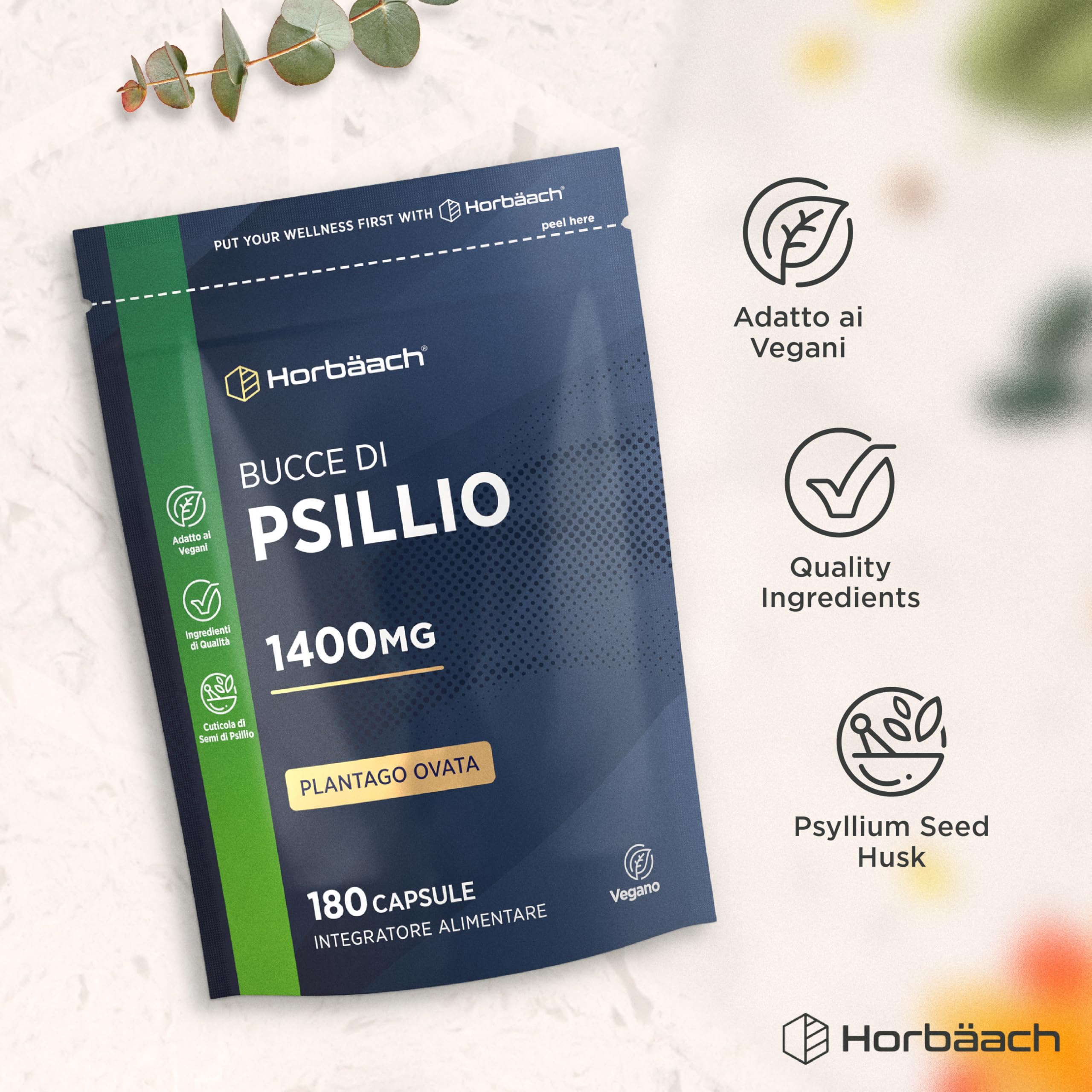 Psillio Capsule | 1400 mg | Buccia di Psillio in Polvere | Alto Dosaggio | 180 Capsule Vegane per 3 Mesi | Integratore di Fibre | Prebiotico Naturale | Psyllium Husk | Horbaach