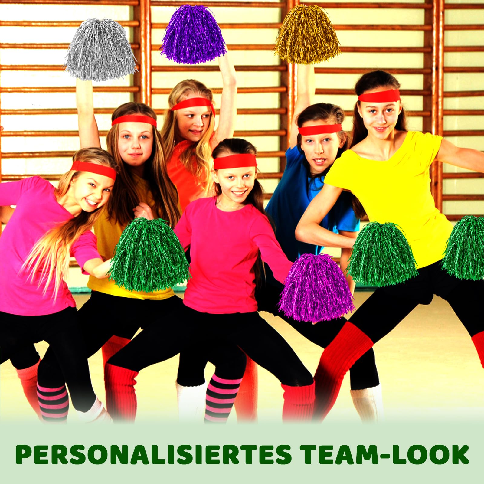 14 pompon da cheerleader, per eventi sportivi, danza, feste, eventi di squadra, 14 pezzi, rosso, verde, rosa, viola, argento, oro, nero