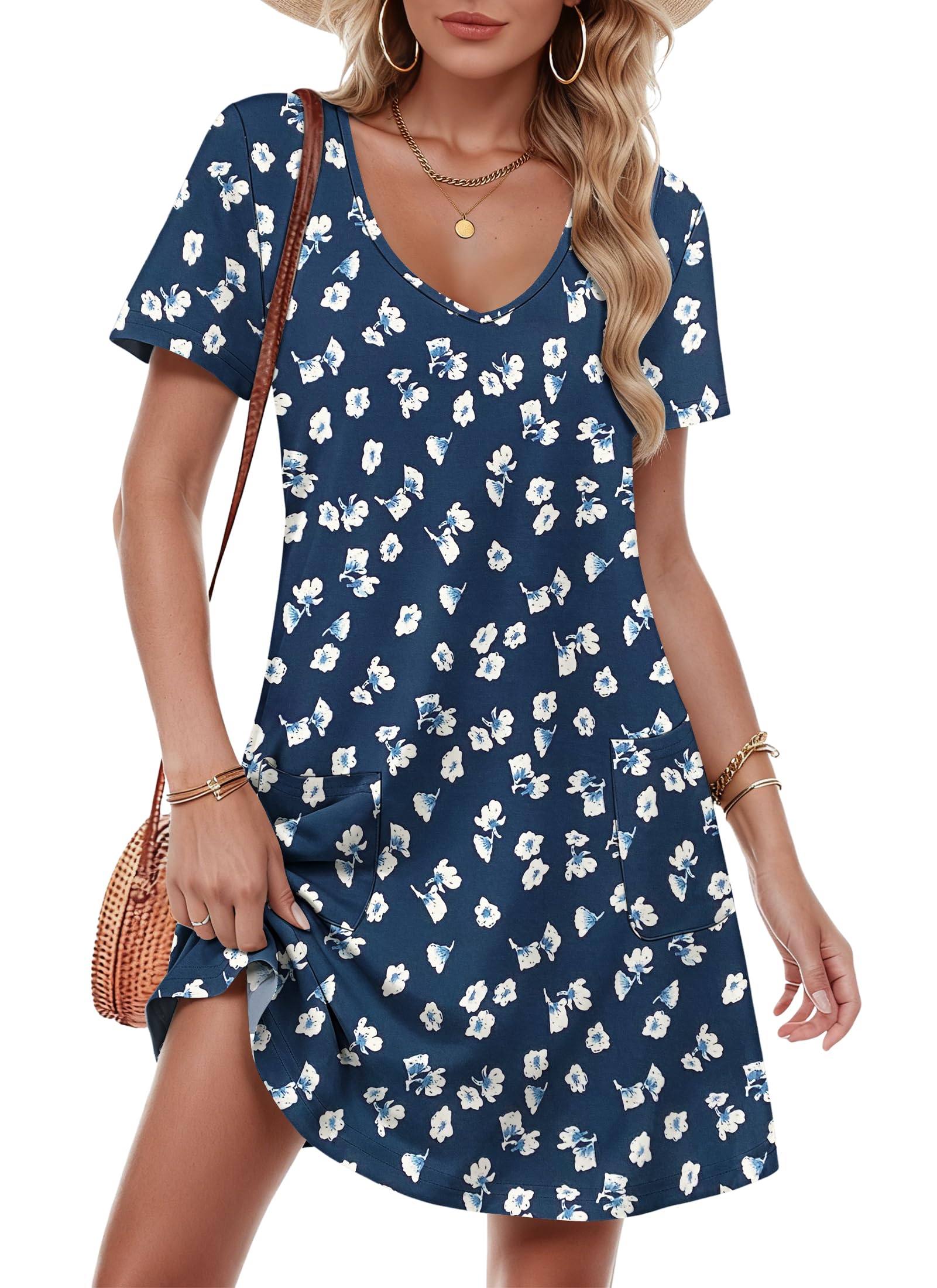MOLERANI Damen Sommerkleid Kurzarm V-Ausschnitt Strandkleid Knielang Freizeitkleider Leichte Swing Midikleid mit Taschen