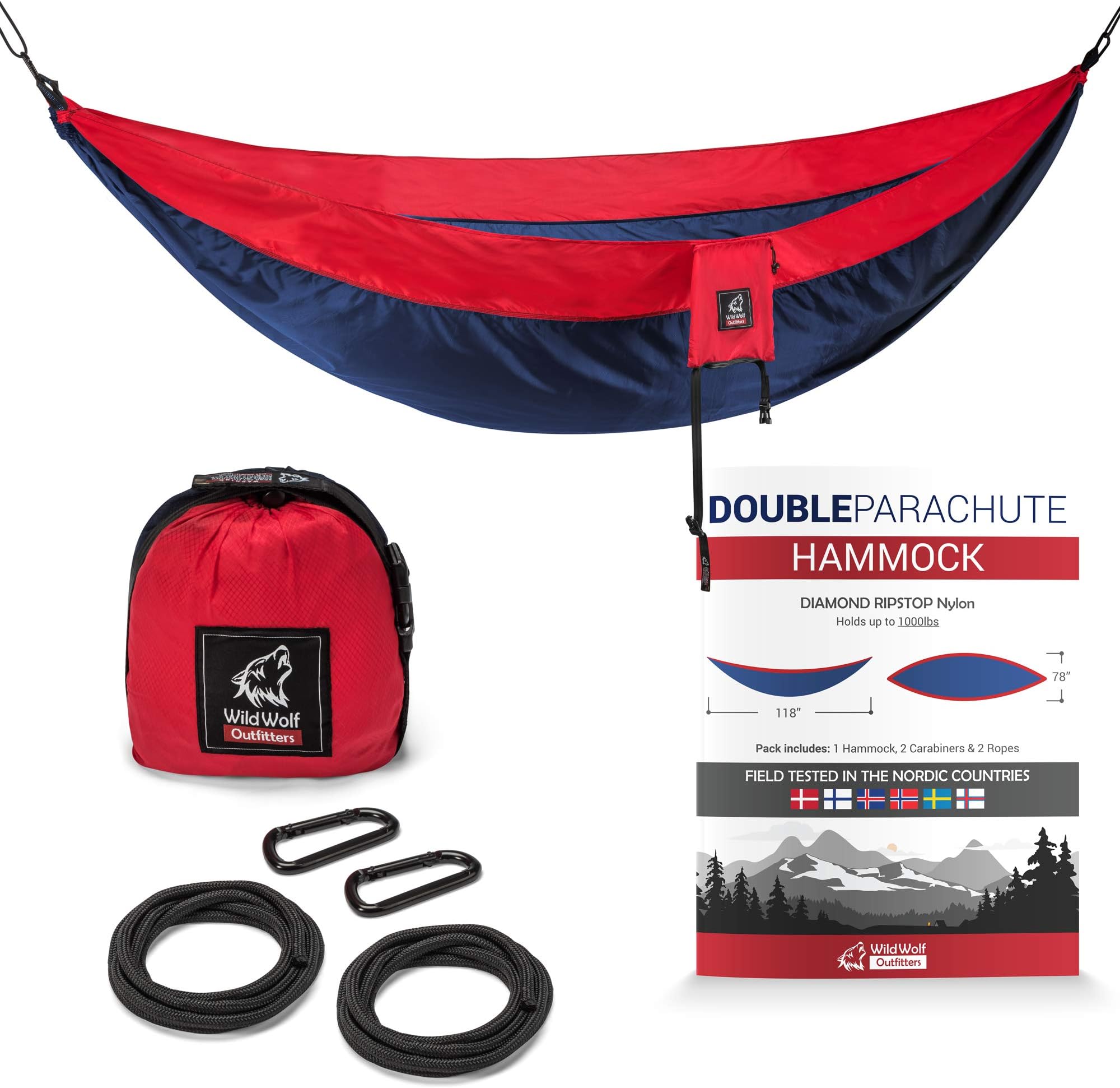 Wild Wolf Outfitters XL Double Camping Hammock - Best Choice for Hiking, Backpacking and Outdoor Adventures - Compact, Portable Design. Our Ultralight Parachute Hammocks are Made for Nature Lovers.