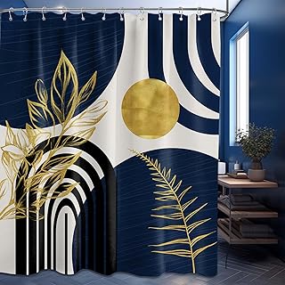 Mid Century Modern Navy Blue Shower Curtain Boho Dark Blue and Gold Leav...