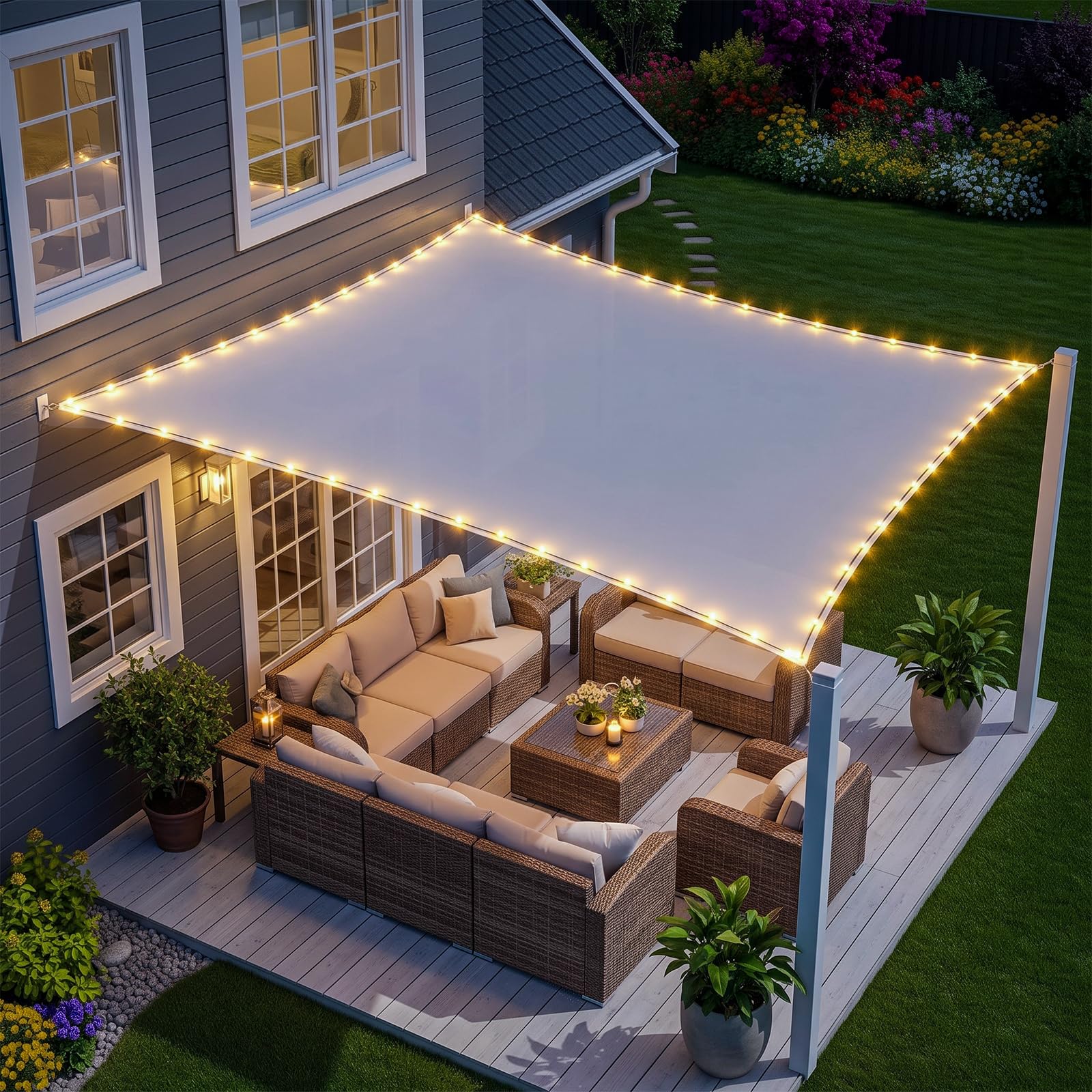 ABIUBIU wasserdichte-Sonnensegel 3x4m mit eingebauter LED-Solar-Lichterkette, 98% UV-Schutz, reiBfest, wetterfest, für Terrasse-Garten-Terrasse-Rasen Garten