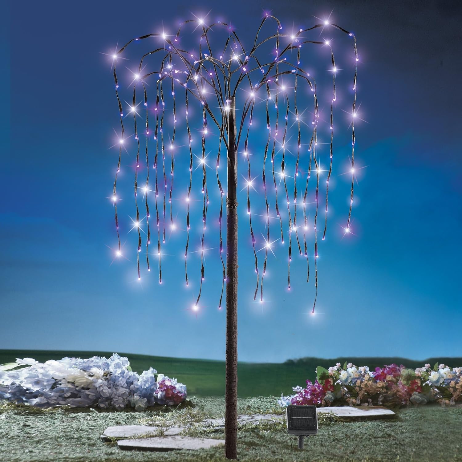 Collections Etc. LED Solar Willow Tree, Outdoor Solar Tree with Colorful Solar-Powered Lights with Adjustable Branches, Purple Lights