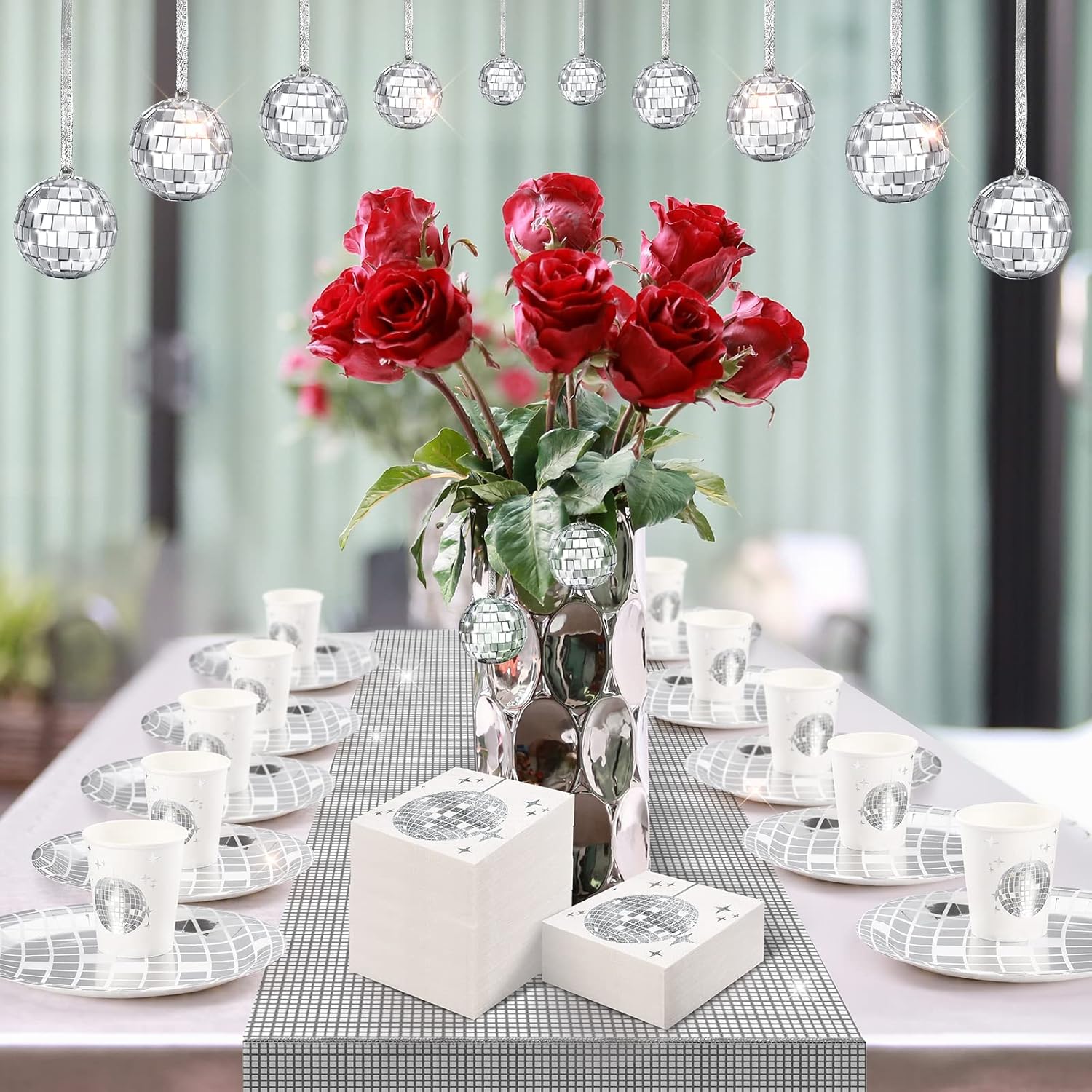 Marsui 121 Pcs 70s 80s Disco Ball Party Decorations Disposable Paper Plates Napkins Cups Bachelorette Silver Balls Tableware Set for Wedding Cocktail Birthday Dancing Queen Party(Silver) - Image 6