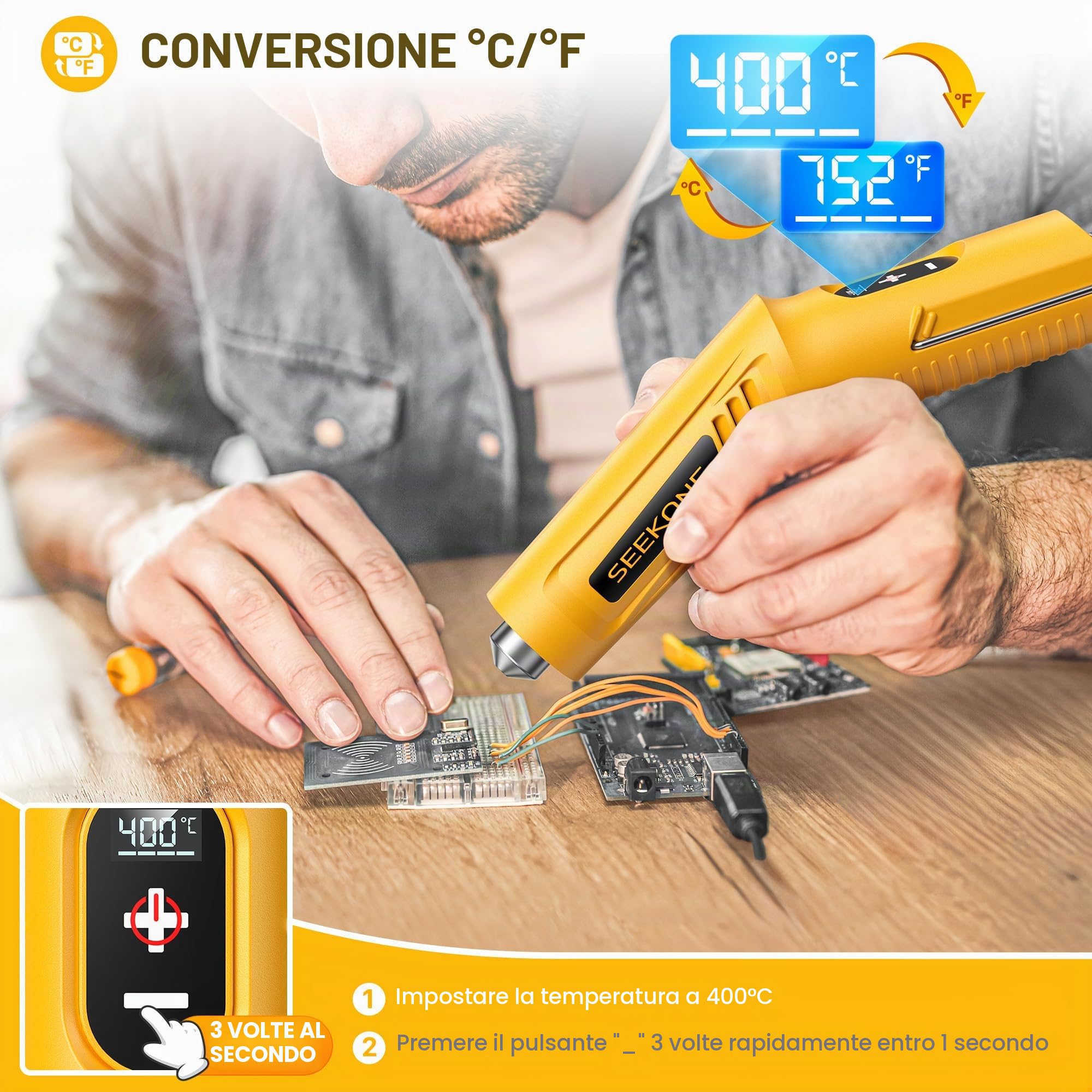 SEEKONE Mini Pistola ad Aria Calda Senza Fili, 4 Temperatura (Max 400 °C) con Funzione di Memoria, Pistola Termica a Batteria al Litio da 3,6 V, Ricarica USB, con Ugello Riflettore, per Artigianato