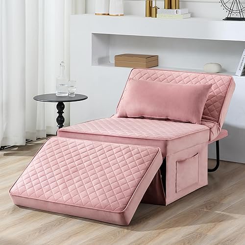 Sofa Bed, 4 in 1 Multi-Function Folding Ottoman Breathable Velvet Couch Bed with Adjustable Backrest Modern Convertible Chair for Living Room Apartment Office,Squared-Pink - Pink