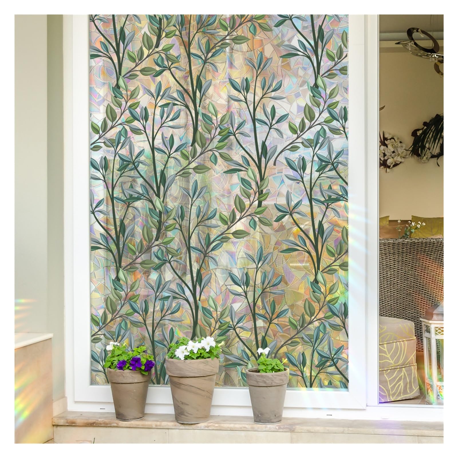 Green Plant Leaves Window Film Decorative Vines Stickers Glass 3D Static Cling Stained