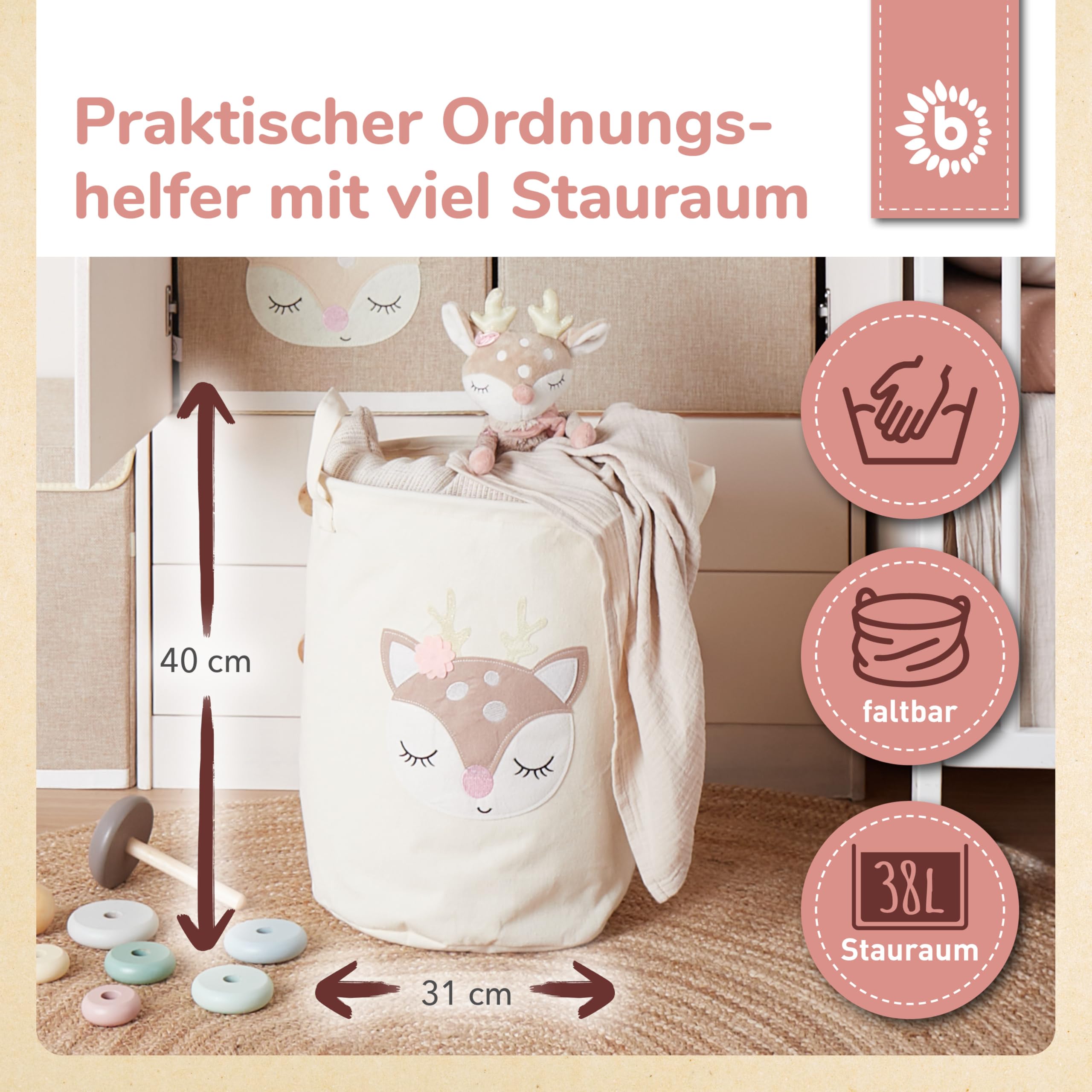 Bieco Wäschekorb Baby Reh Ella | Großer Aufbewahrungskorb Kinder Baumwolle und Wasserabweisend | Aufbewahrung Kinderzimmer | Wäschekorb Kinder
