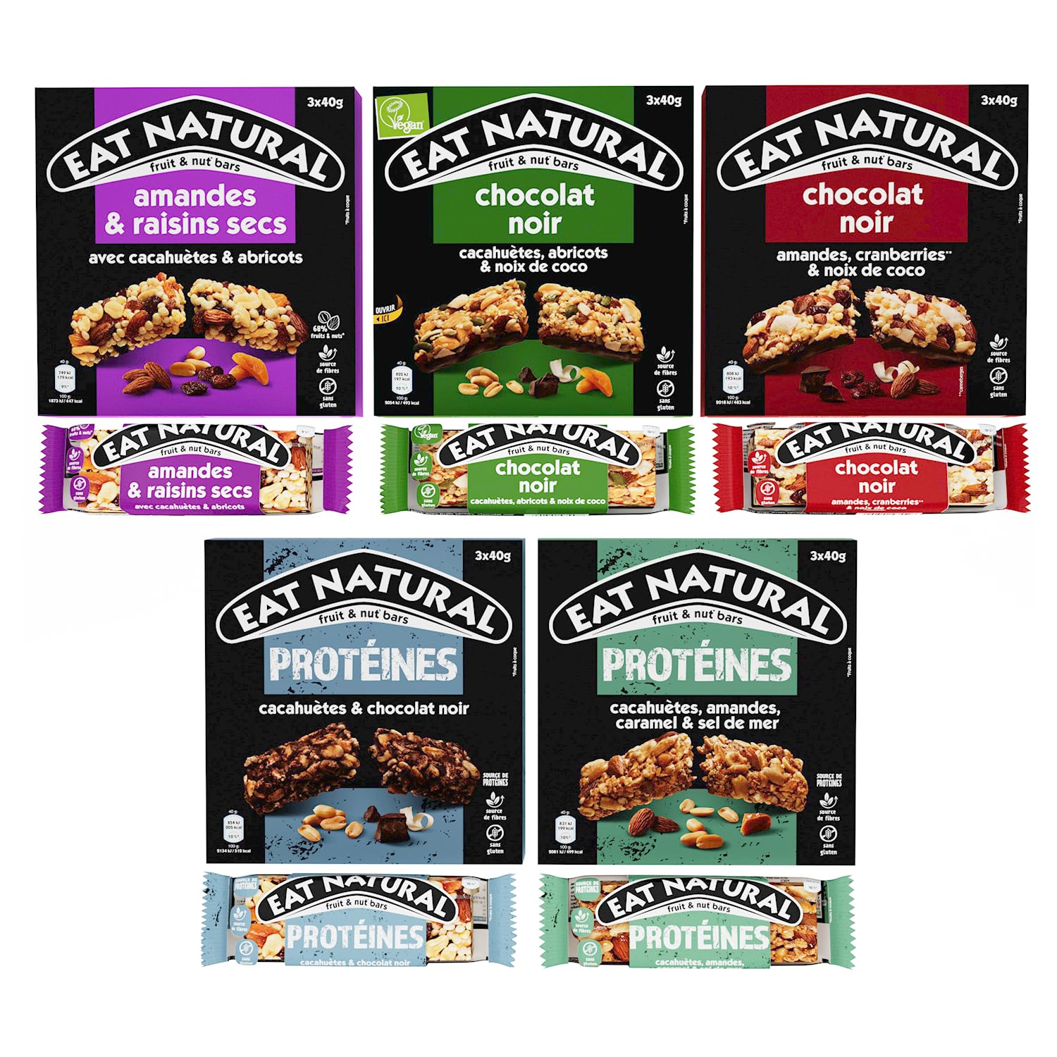 Eat Natural – Lot de 5 variétés de barres de céréales sans gluten – Amandes, Cranberries, Cacahuètes, Chocolat noir, Vegan – 5 x 3 barres de 40 g (15 barres)
