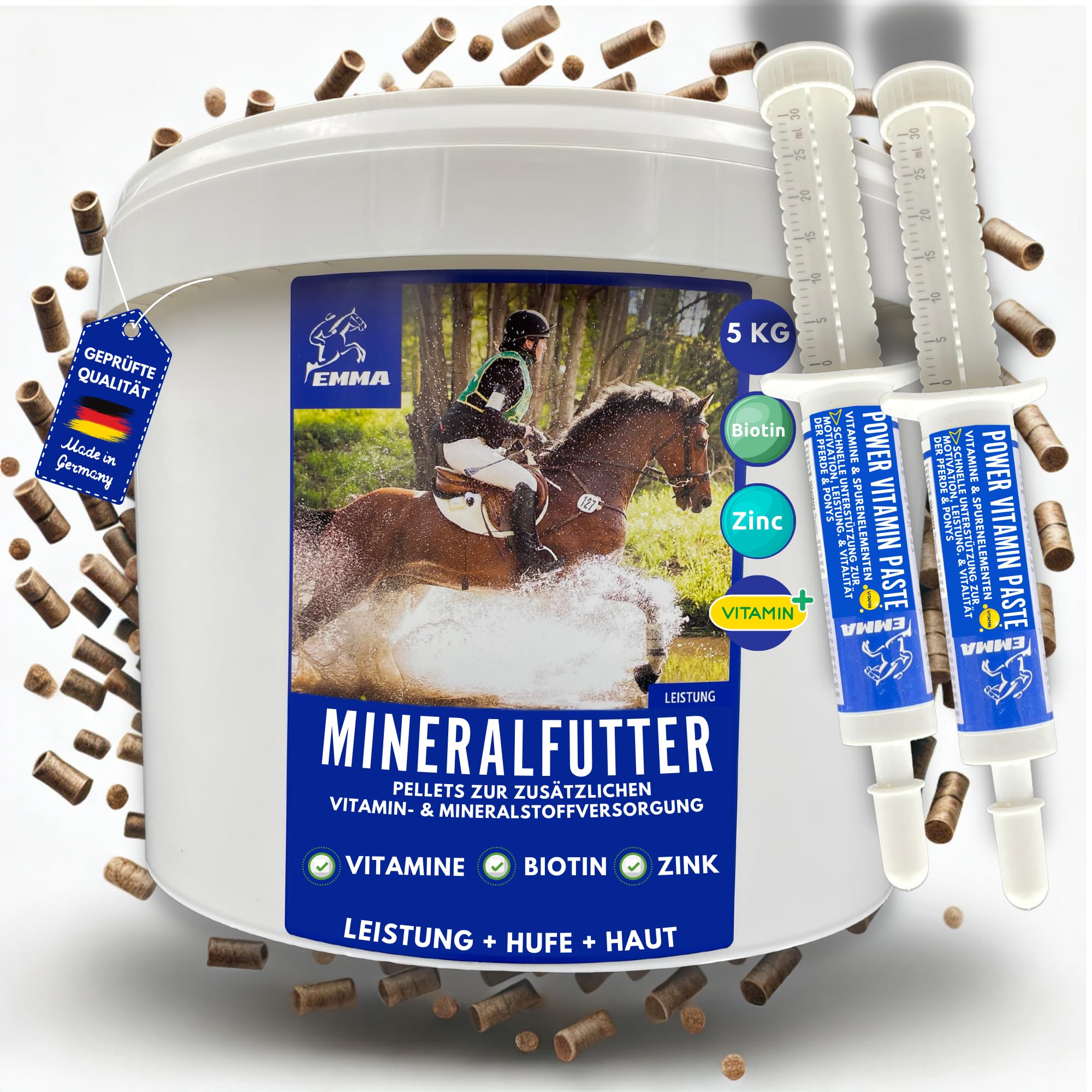 Mangime minerale + pasta vitaminica, vitamine e minerali per cavalli per pelo e pelle con biotina selenio zinco vitamine B manganese magnesio vitamina A B12 C D E complesso pellet minerali 2x30ml 5kg