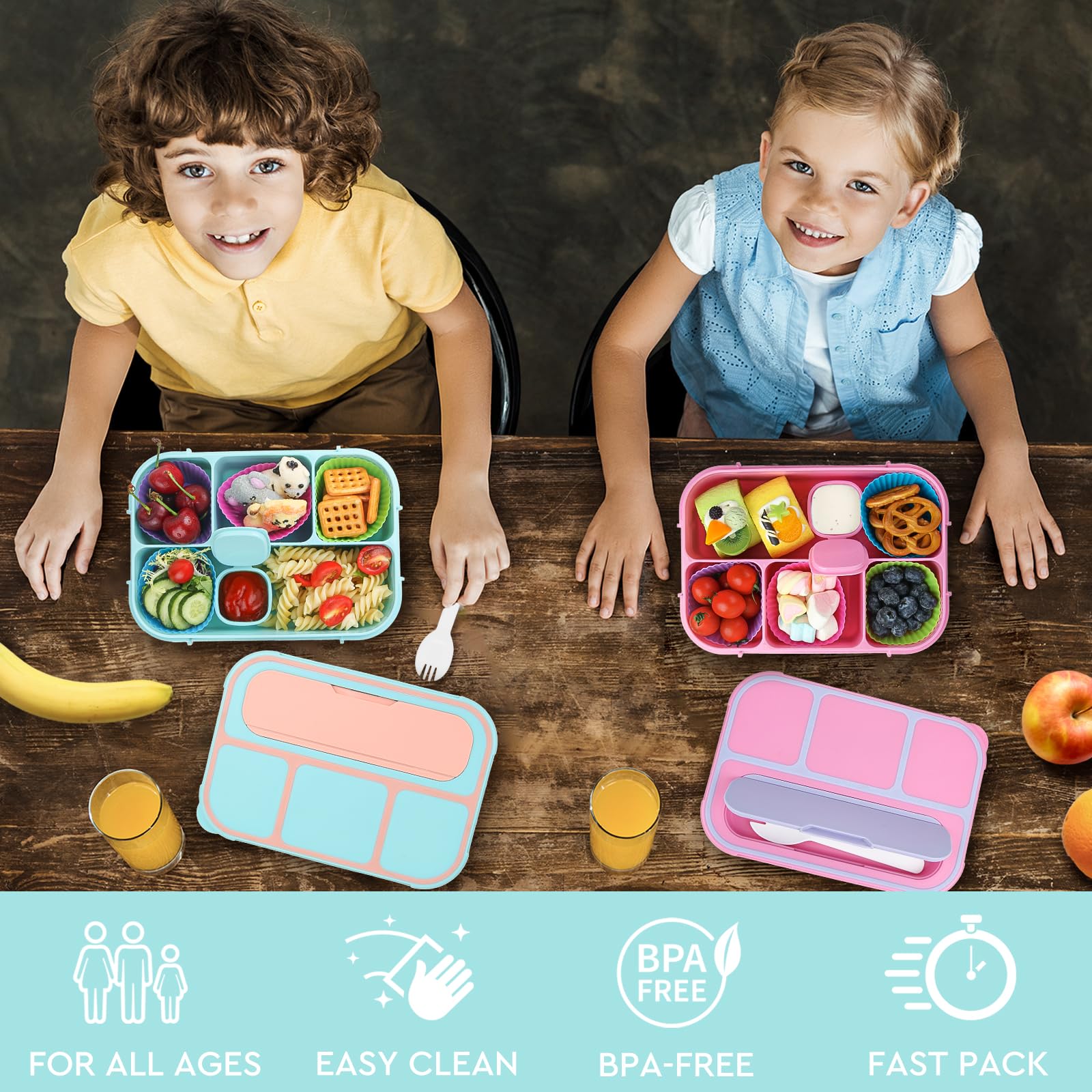 MaMix Bento pudełko na lunch dla dorosłych, pudełko Bento dla dzieci, pojemniki na lunch dla dorosłych / dzieci / studentów, 1300 ml - 4 przegródki, dla dzieci, pastelowe niebieskie