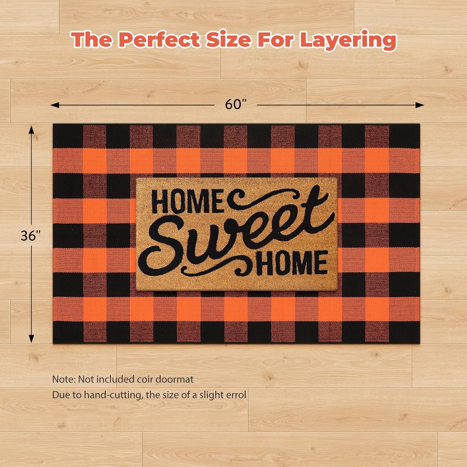 LEEVAN Halloween Rug Outdoor 3x5, Buffalo Plaid Washable Orange and Black Front Porch Rugs, Thanksgiving Checkered Cotton Woven Entryway Layered Door Mat for Farmhouse Patio/Kitchen Decor