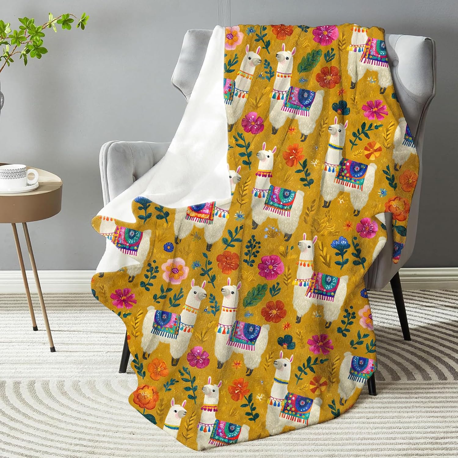 Colorful Llama & Floral Blanket - Plush, Soft, Comfy, Lightweight, Warm, Fuzzy, Cozy Flannel Throw Blanket for Couch, Travel, Bed, Office, Outdoor - 50in×60in - Image 2