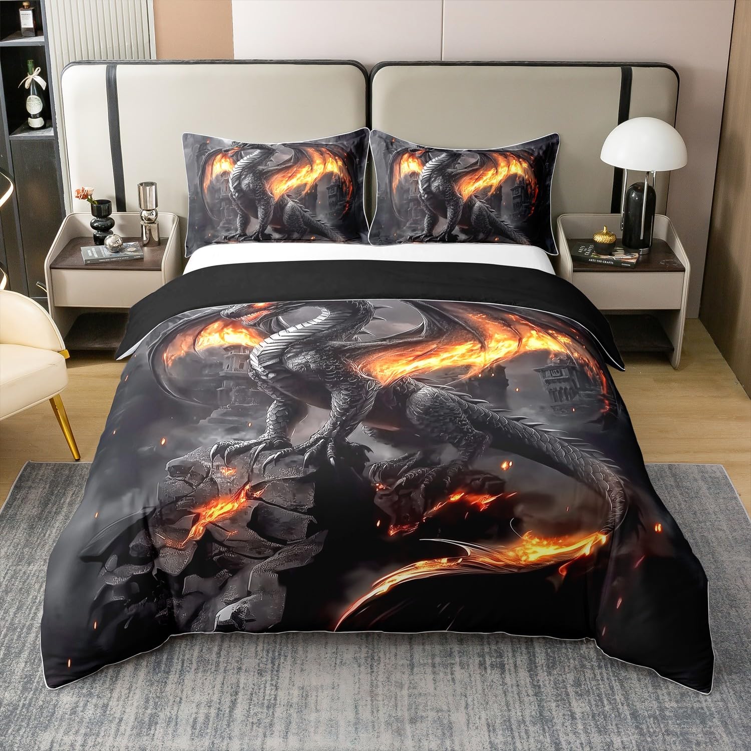 Flamme Drache 100% Baumwolle Bettbezug 135x200 für Kinder Teenager Krieg Wildtiere Bettwäsche Set Magische Fantasie Feuer Drache Tröster Abdeckung Gemütlich Grau Dekorative Alte Wildtiere Bett Set