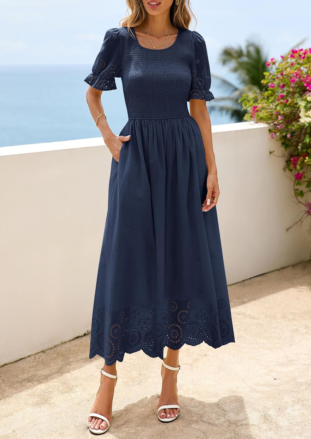 PRETTYGARDEN Women's Smocked Eyelet Maxi Dress: Short Puff Sleeve Flowy Boho Sun Dress with Pockets — view 5