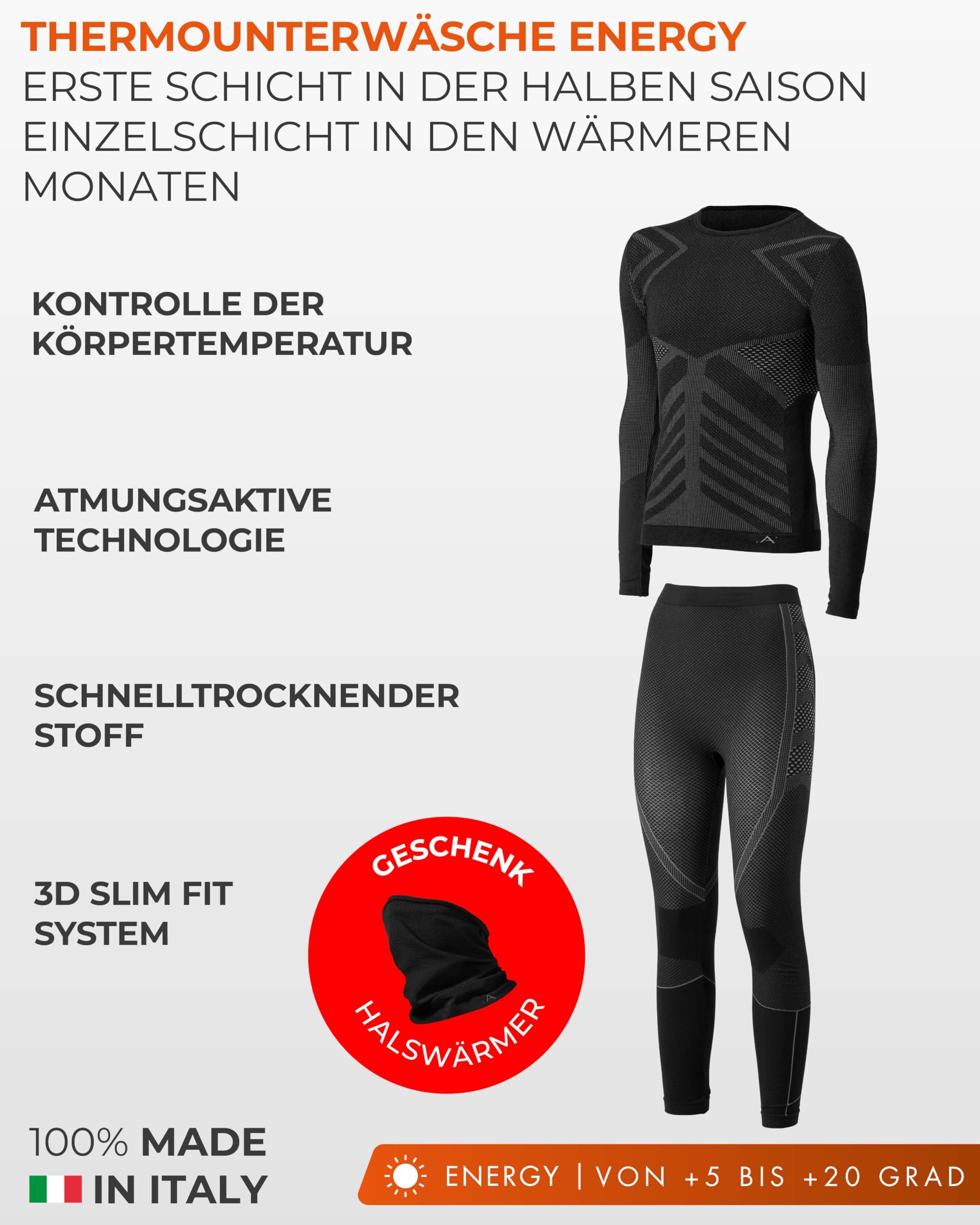 Risalti Thermounterwäsche Herren Energy – Thermoshirt Herren Langarm Und Thermounterhose Ohne Nähte Etiketten, Funktionsunterwäsche, Winter, Ski, Wandern – Made In Italy