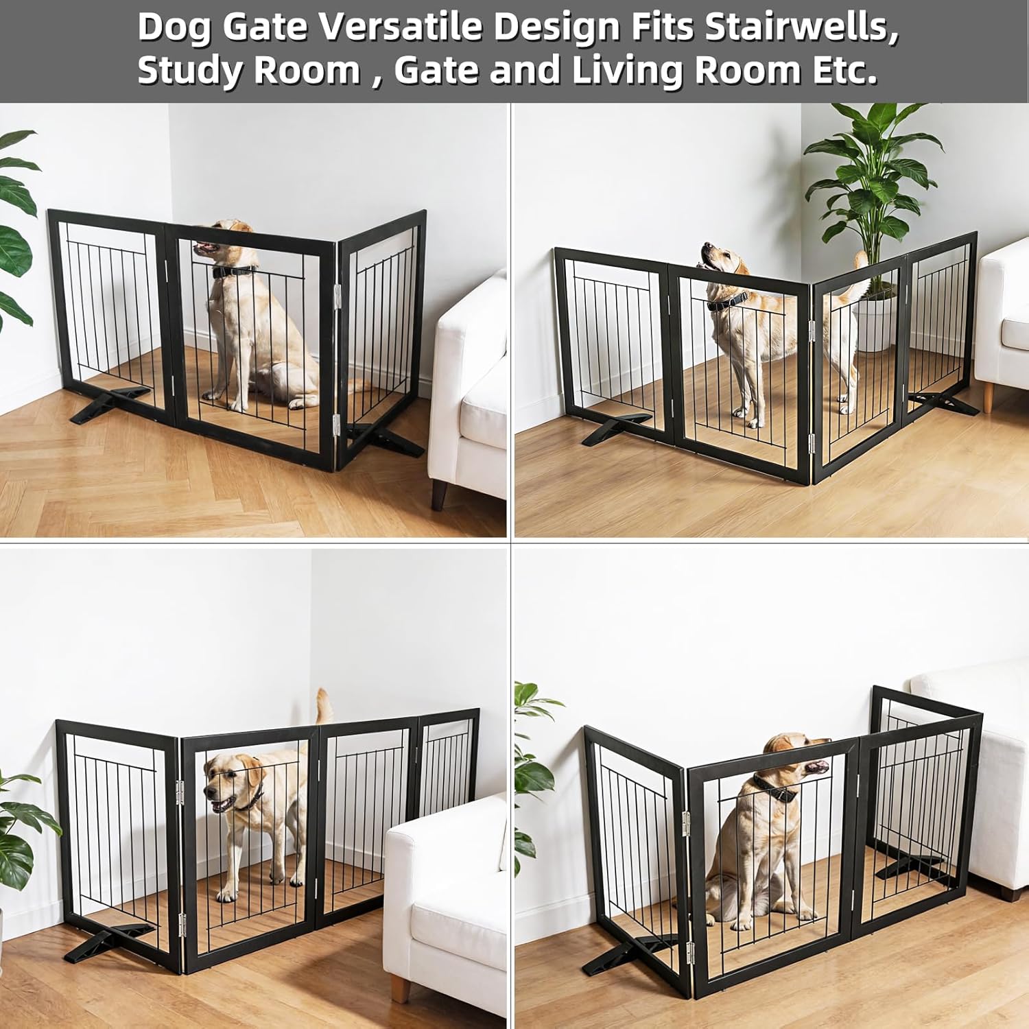 Dog Fence Indoor - 3-Panel Freestanding Dog Gate for Doorways, Hallways, House or Stairs -60x24-Inch Retractable Foldable Expandable Wood Pet by SFJC (Black)
